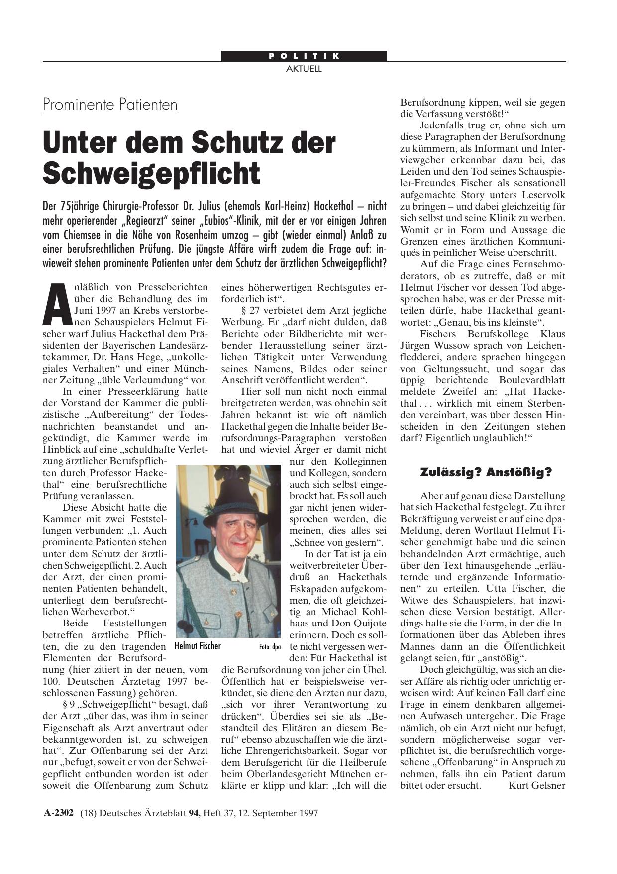Vorschauseite 1: Prominente Patienten: Unter dem Schutz der Schweigepflicht