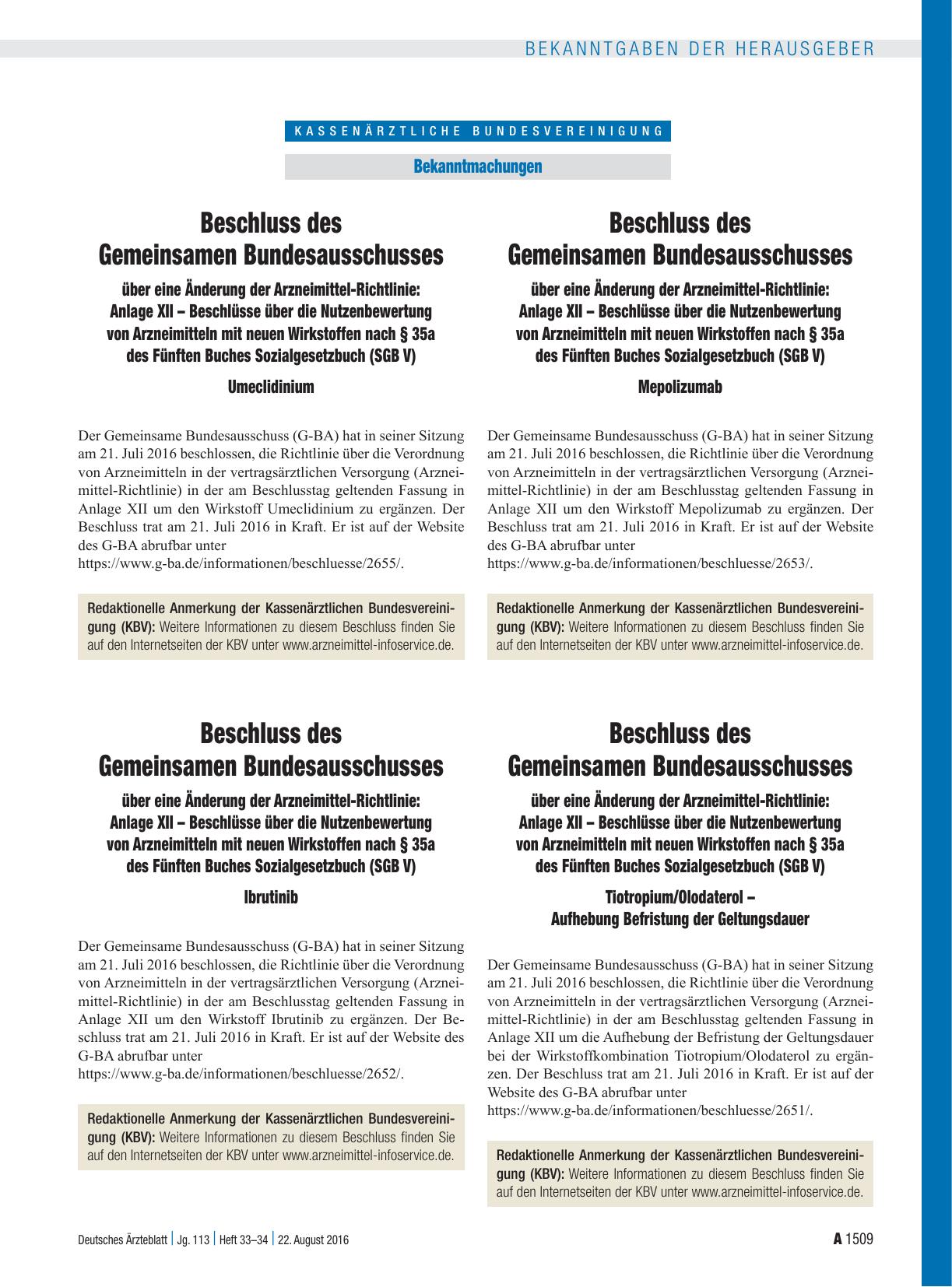 Vorschauseite 1: Beschluss des Gemeinsamen Bundesausschusses über eine Änderung der Arzneimittel-Richtlinie: Anlage XII – Beschlüsse über die Nutzenbewertung von Arzneimitteln mit neuen Wirkstoffe…