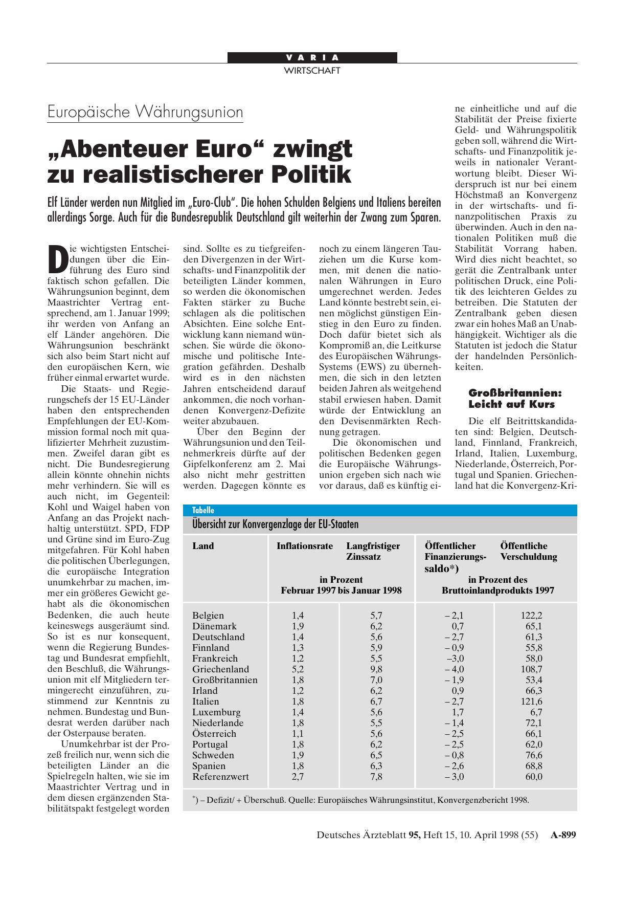 Vorschauseite 1: Europäische Währungsunion: „Abenteuer Euro“ zwingt zu realistischerer Politik