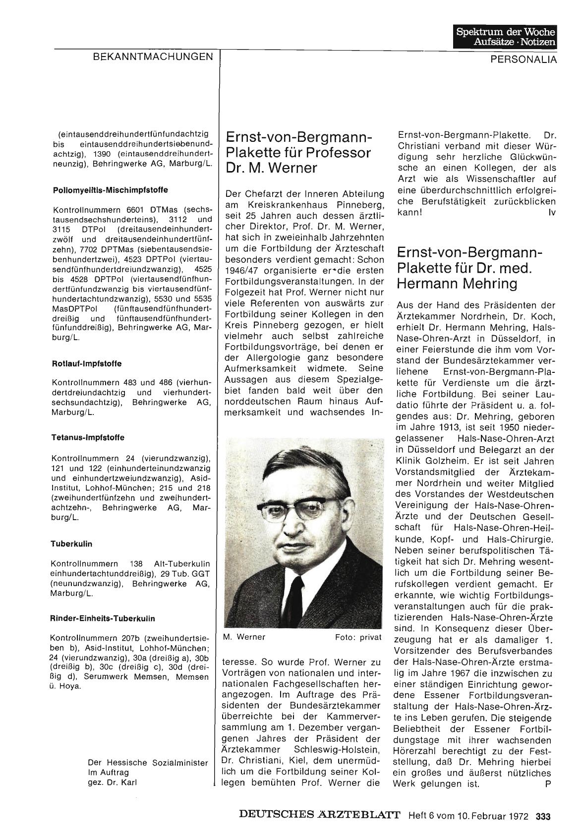 Vorschauseite 1: Ernst-von-Bergmann-Plakette für Professor Dr. M. Werner