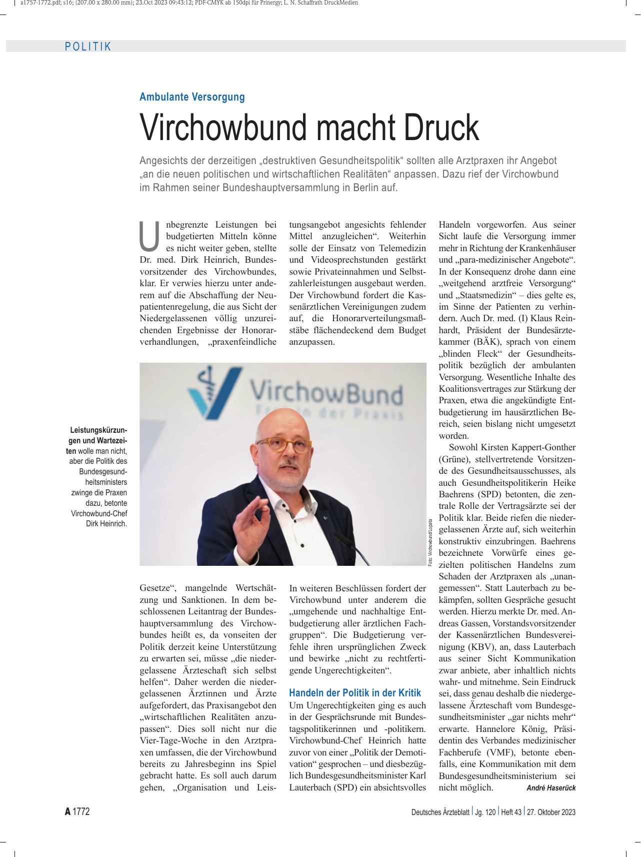 Vorschauseite 1: Ambulante Versorgung: Virchowbund macht Druck