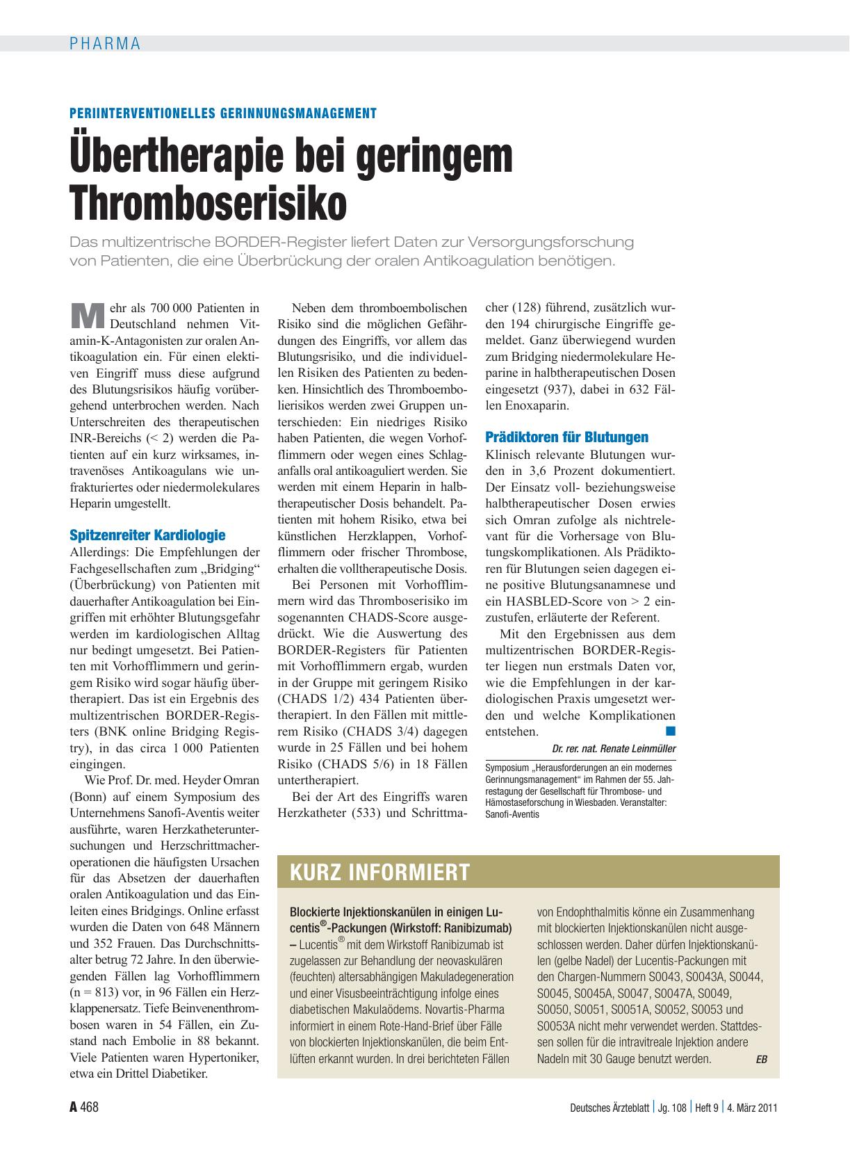 Vorschauseite 1: Periinterventionelles Gerinnungsmanagement: Übertherapie bei geringem Thromboserisiko