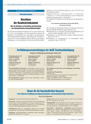 Vorschauseite 1: Beschluss der Bundesärztekammer über die Richtlinie zur Herstellung und Anwendung von hämatopoetischen Stammzellzubereitungen