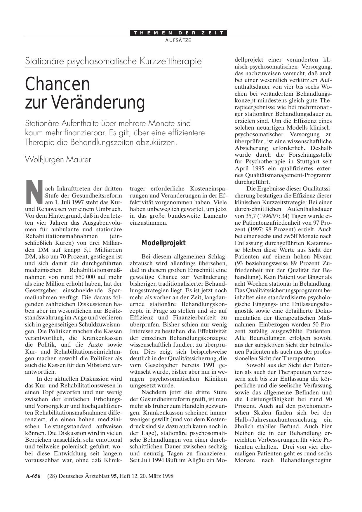 Vorschauseite 1: Stationäre psychosomatische Kurzzeittherapie: Chancen zur Veränderung