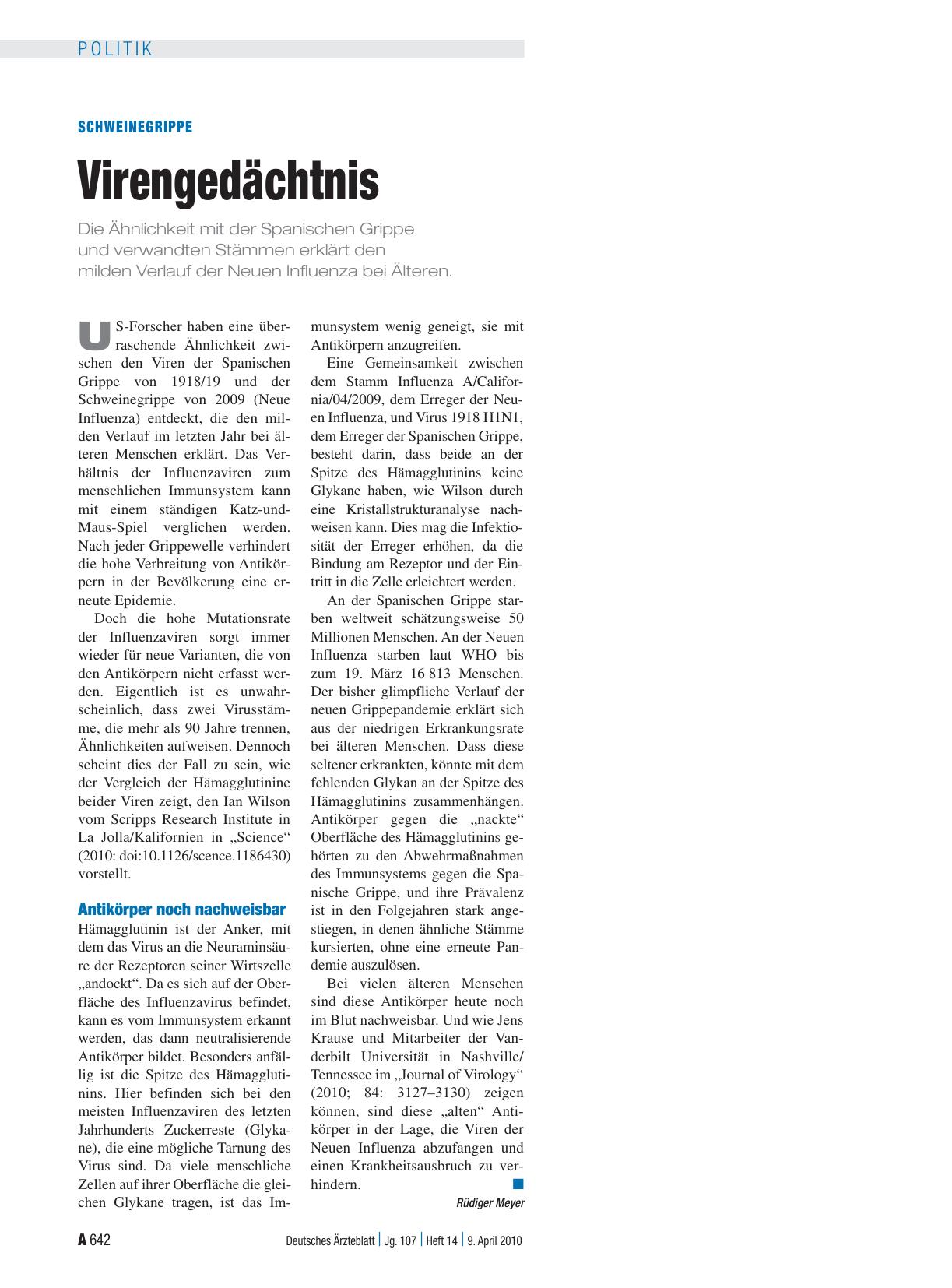 Vorschauseite 1: Schweinegrippe: Virengedächtnis