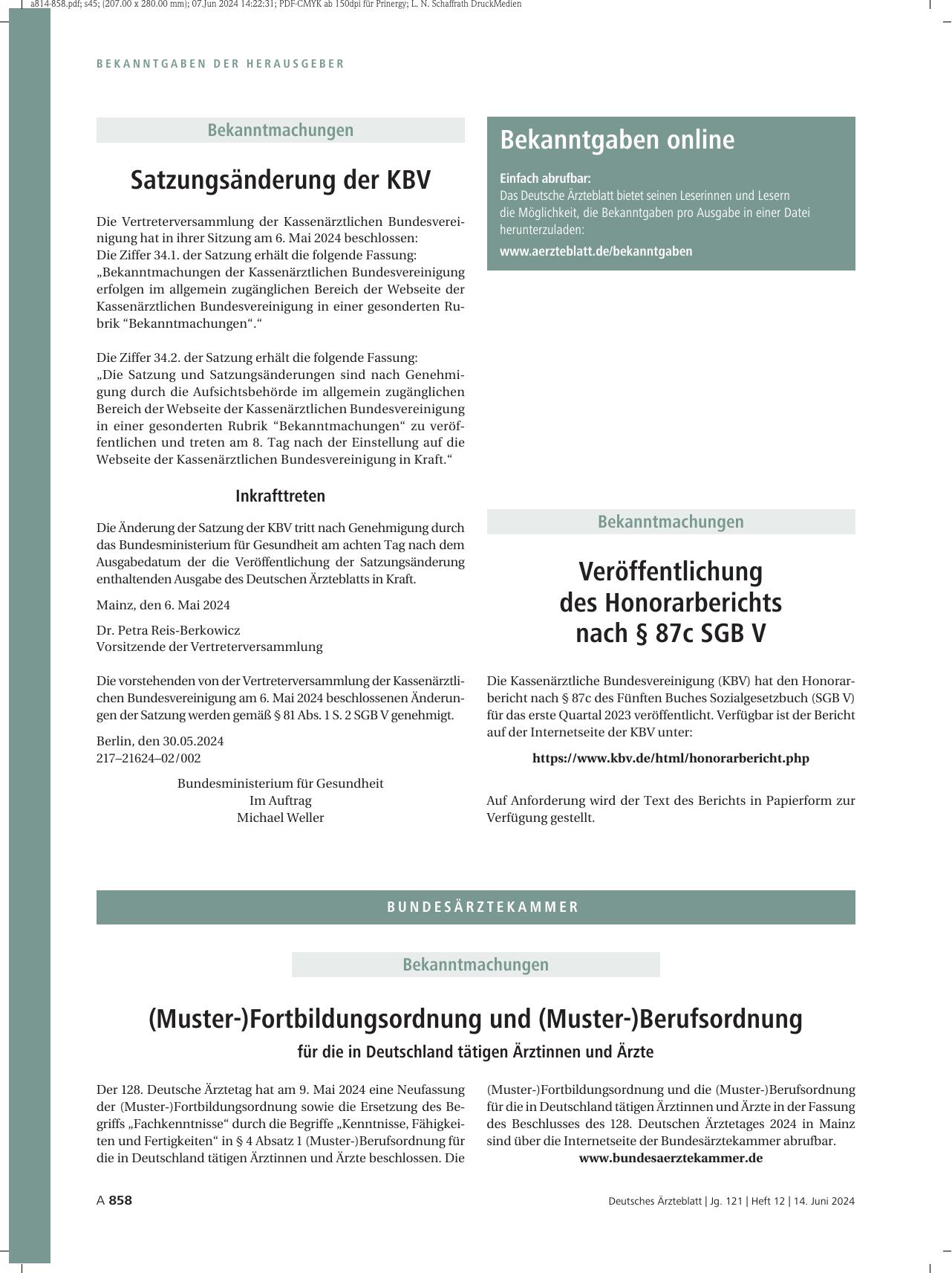 Vorschauseite 1: Satzungsänderung der KBV