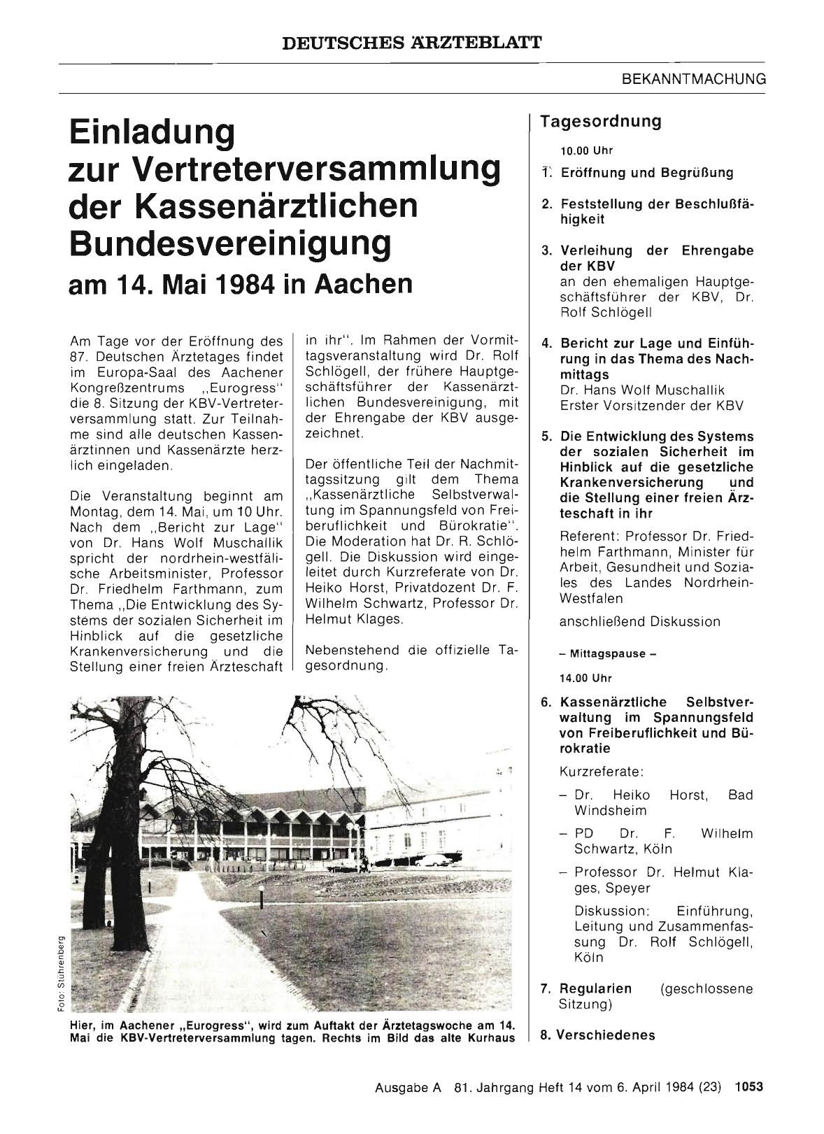 Vorschauseite 1: Einladung zur Vertreterversammlung der Kassenärztlichen Bundesvereinigung am 14. Mai 1984 in Aachen