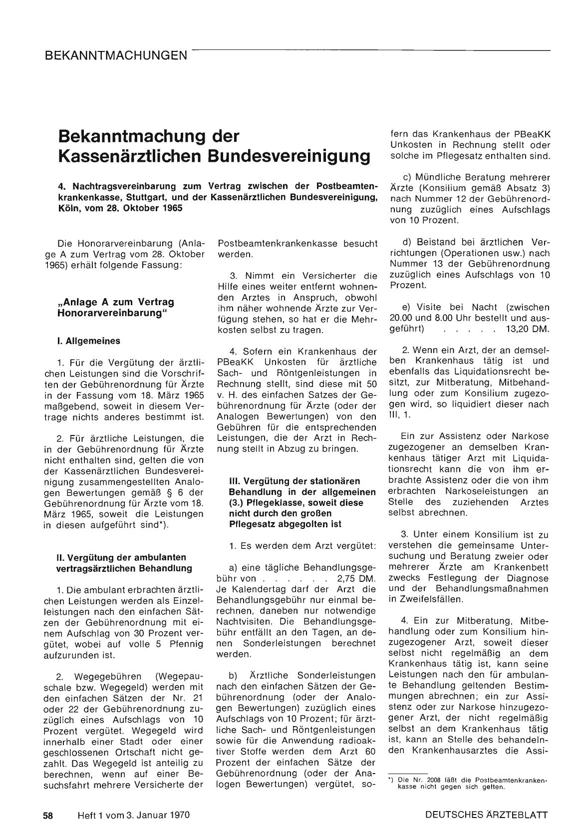 Vorschauseite 1: Bekanntmachung der Kassenärztlichen Bundesvereinigung: 4. Nachtragsvereinbarung zum Vertrag zwischen der Postbeamtenkrankenkasse, Stuttgart, und der Kassenärztlichen Bundesvereini…