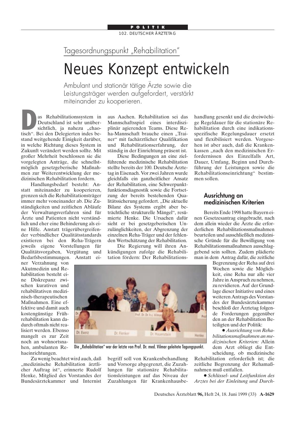 Vorschauseite 1: Tagesordnungspunkt „Rehabilitation“: Neues Konzept entwickeln