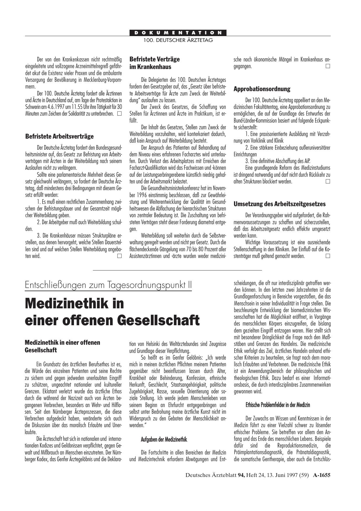 Vorschauseite 1: Entschließungen zum Tagesordnungspunkt II: Medizinethik in einer offenen Gesellschaft
