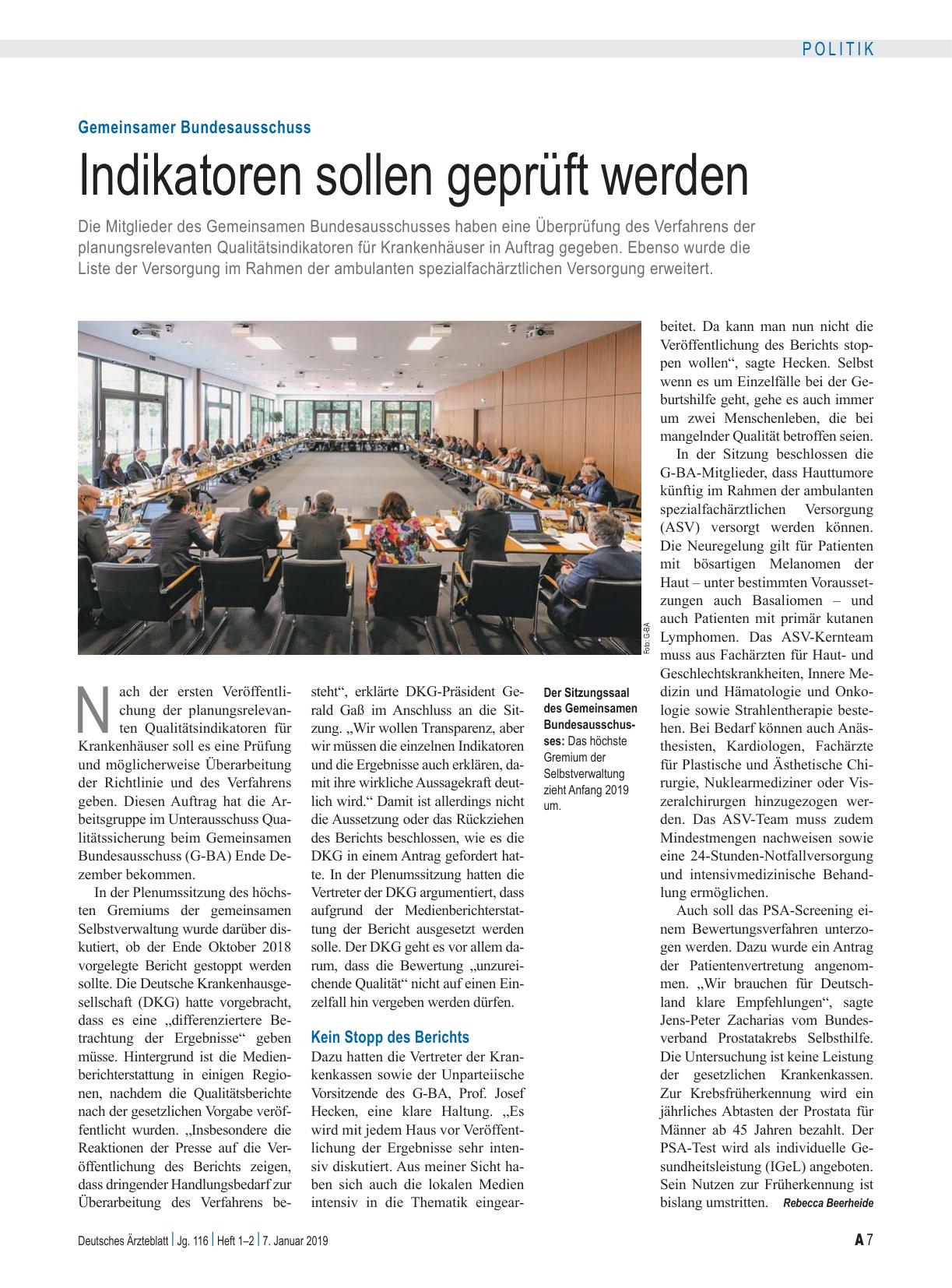Vorschauseite 1: Gemeinsamer Bundesausschuss: Indikatoren sollen geprüft werden