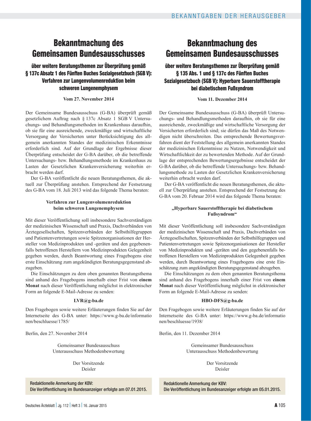 Vorschauseite 1: Bekanntmachung des Gemeinsamen Bundesausschusses über weitere Beratungsthemen zur Überprüfung gemäß § 135 Abs. 1 und § 137c des Fünften Buches Sozialgesetzbuch (SGB V): Hyperbare…