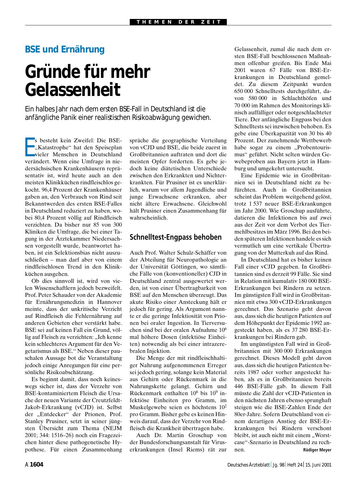 Vorschauseite 1: BSE und Ernährung: Gründe für mehr Gelassenheit