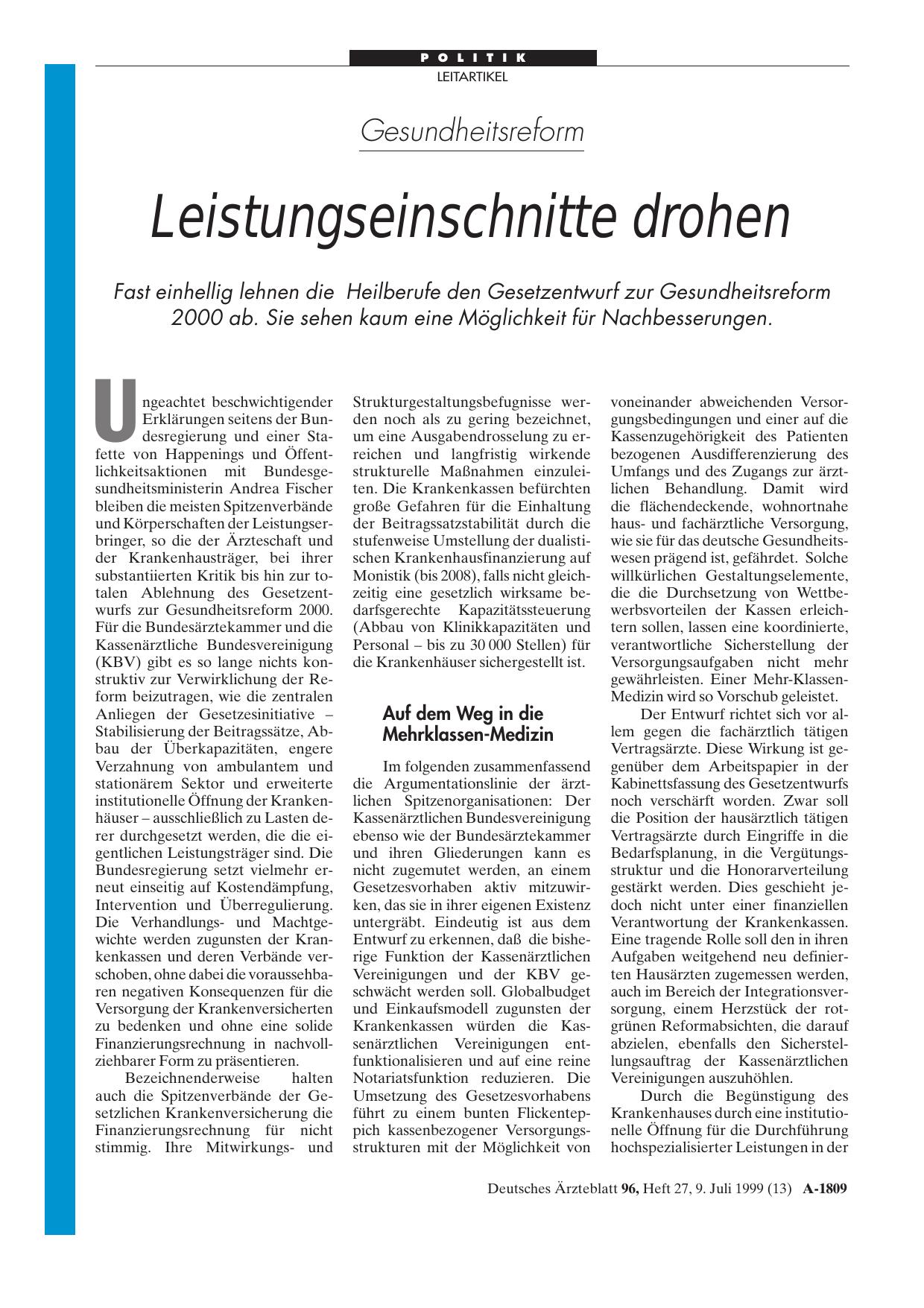 Vorschauseite 1: Gesundheitsreform: Leistungseinschnitte drohen