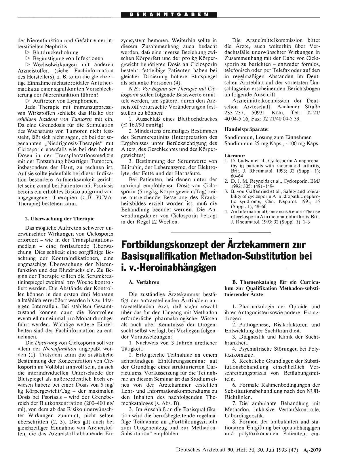 Vorschauseite 1: Fortbildungskonzept der Ärztekammern zur Basisqualifikation Methadon-Substitution bei i. v. -Heroinabhängigen