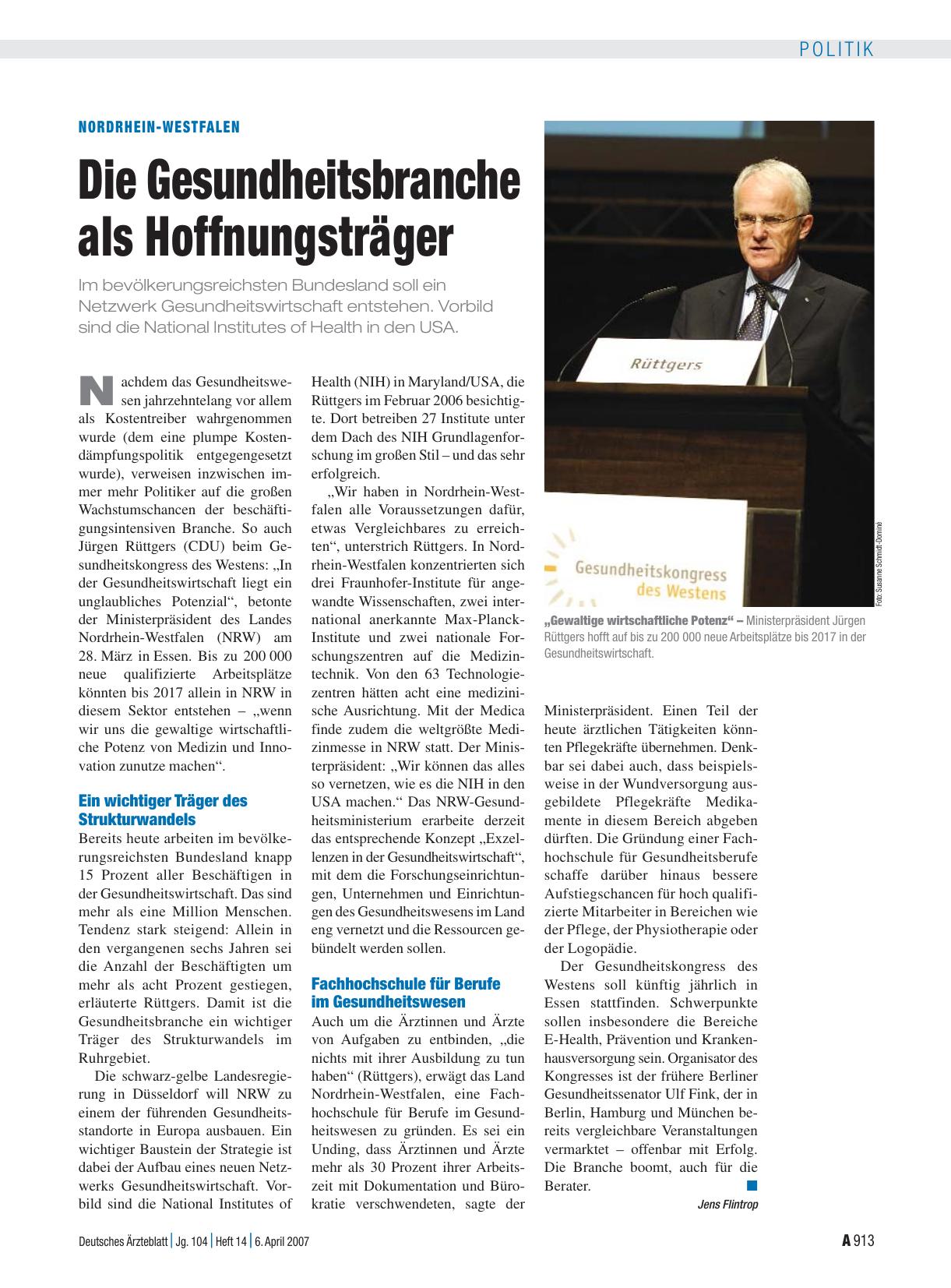 Vorschauseite 1: Nordrhein-Westfalen: Die Gesundheitsbranche als Hoffnungsträger