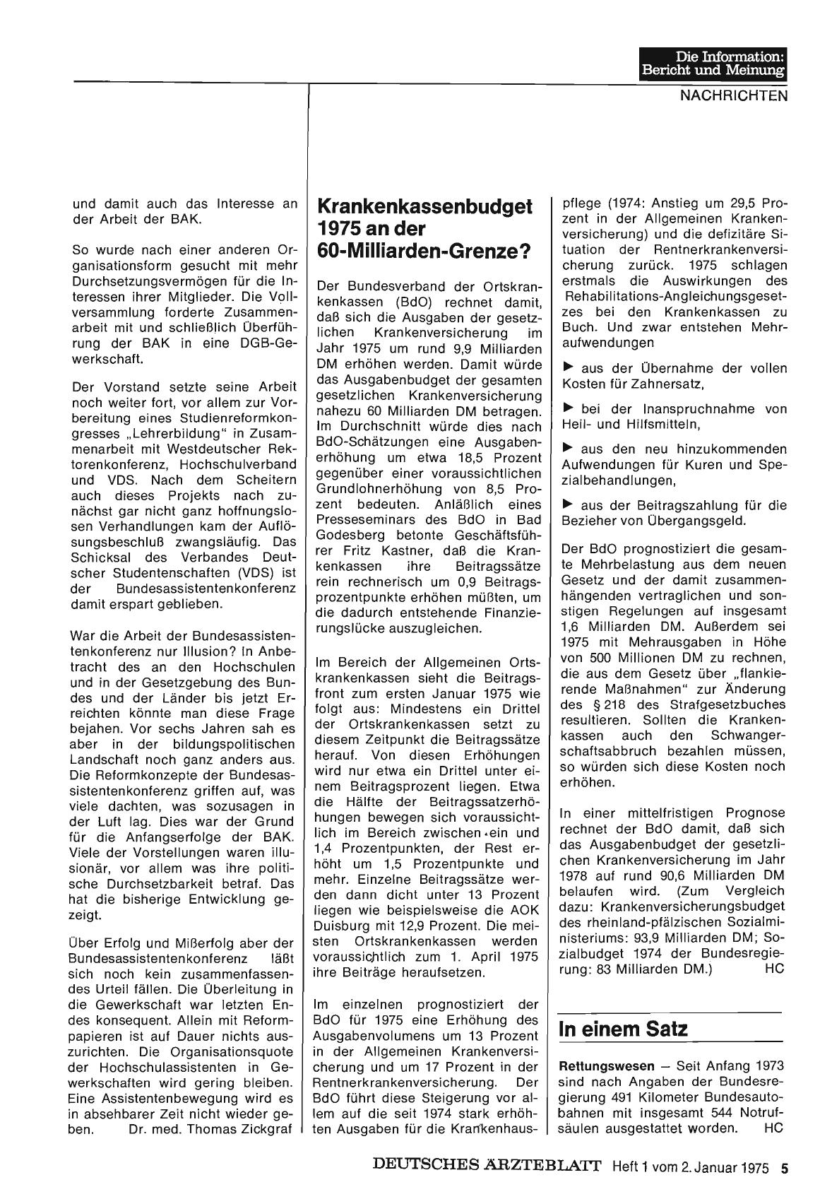Vorschauseite 1: Krankenkassenbudget 1975 an der 60-Milliarden-Grenze?