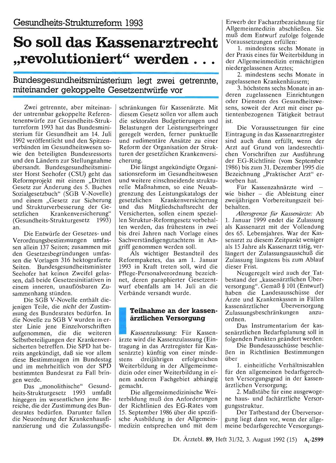 Vorschauseite 1: Gesuridheits-Strukturreforrn 1993: So soll das Kassenarztrecht „revolutioniert“ werden. ..