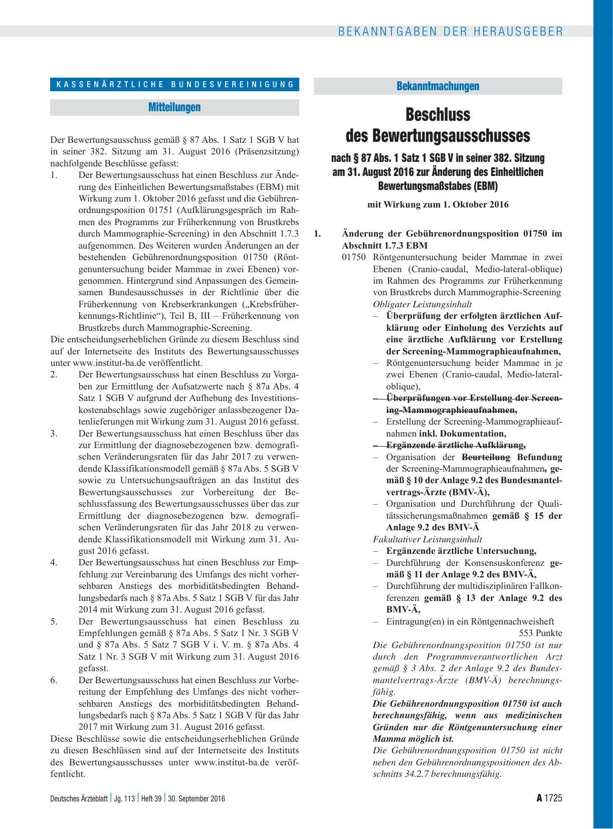 Vorschauseite 1: Beschluss des Bewertungsausschusses nach § 87 Abs. 1 Satz 1 SGB V in seiner 382. Sitzung am 31. August 2016 zur Änderung des Einheitlichen Bewertungsmaßstabes (EBM)