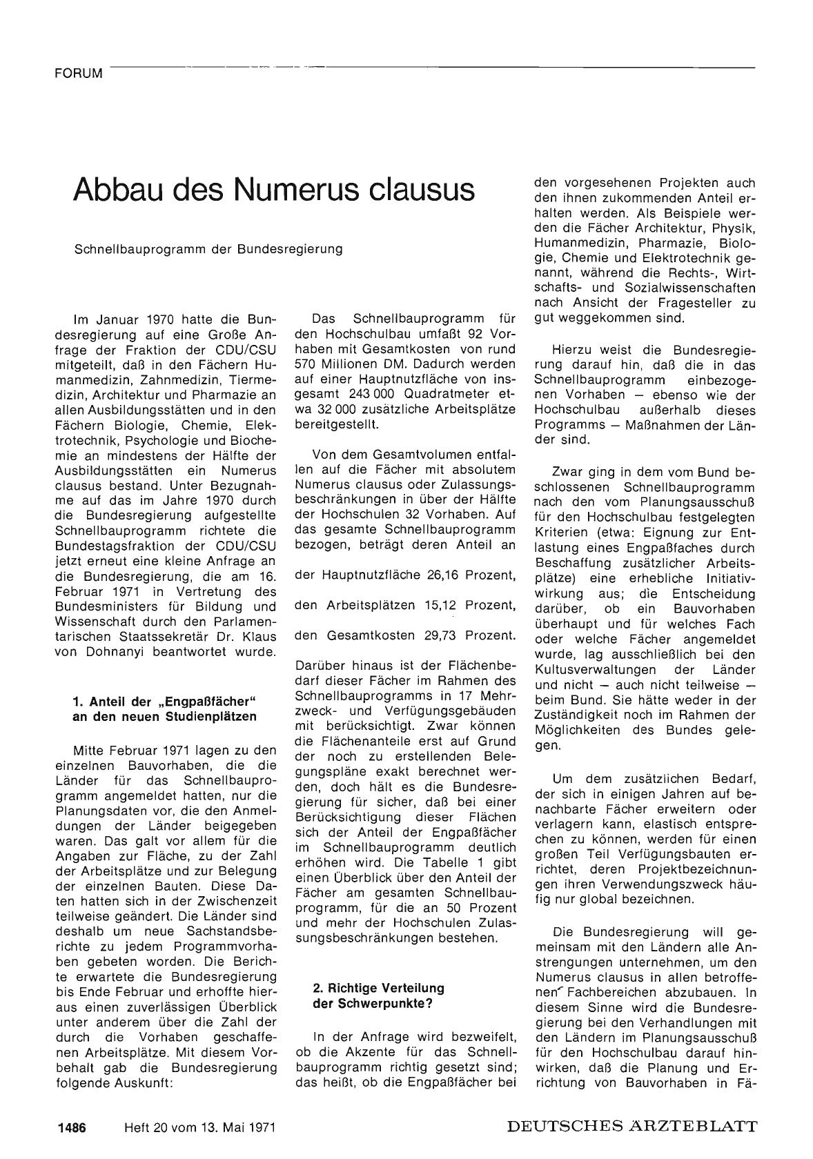 Vorschauseite 1: Abbau des Numerus clausus: Schnellbauprogramm der Bundesregierung