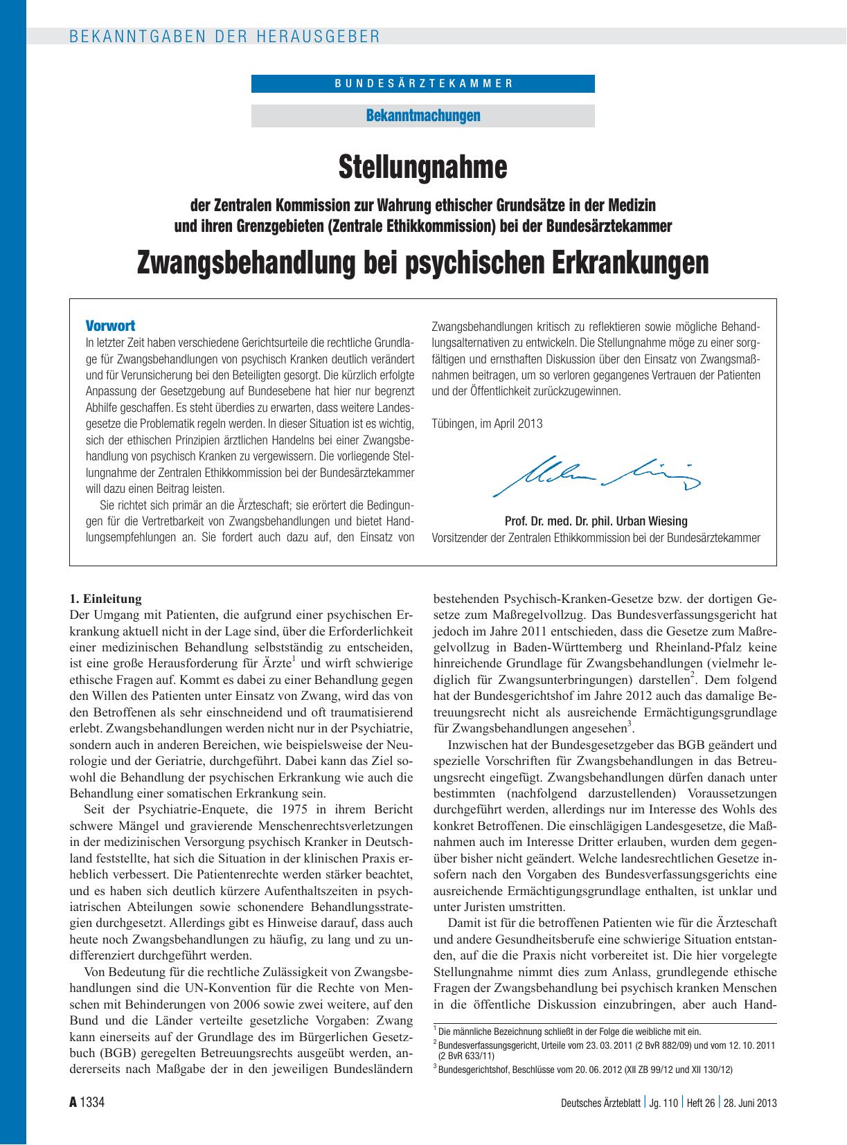 Vorschauseite 1: Stellungnahme der Zentralen Kommission zur Wahrung ethischer Grundsätze in der Medizin und ihren Grenzgebieten (Zentrale Ethikkommission) bei der Bundesärztekammer Zwangsbehandlun…
