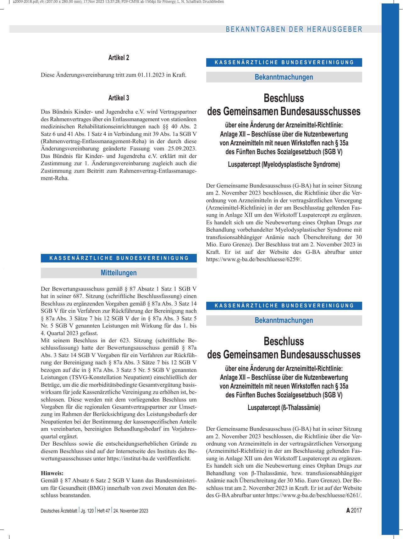 Vorschauseite 1: Beschluss des Gemeinsamen Bundesausschusses über eine Änderung der Arzneimittel-Richtlinie: Luspatercept (ß-Thalassämie)