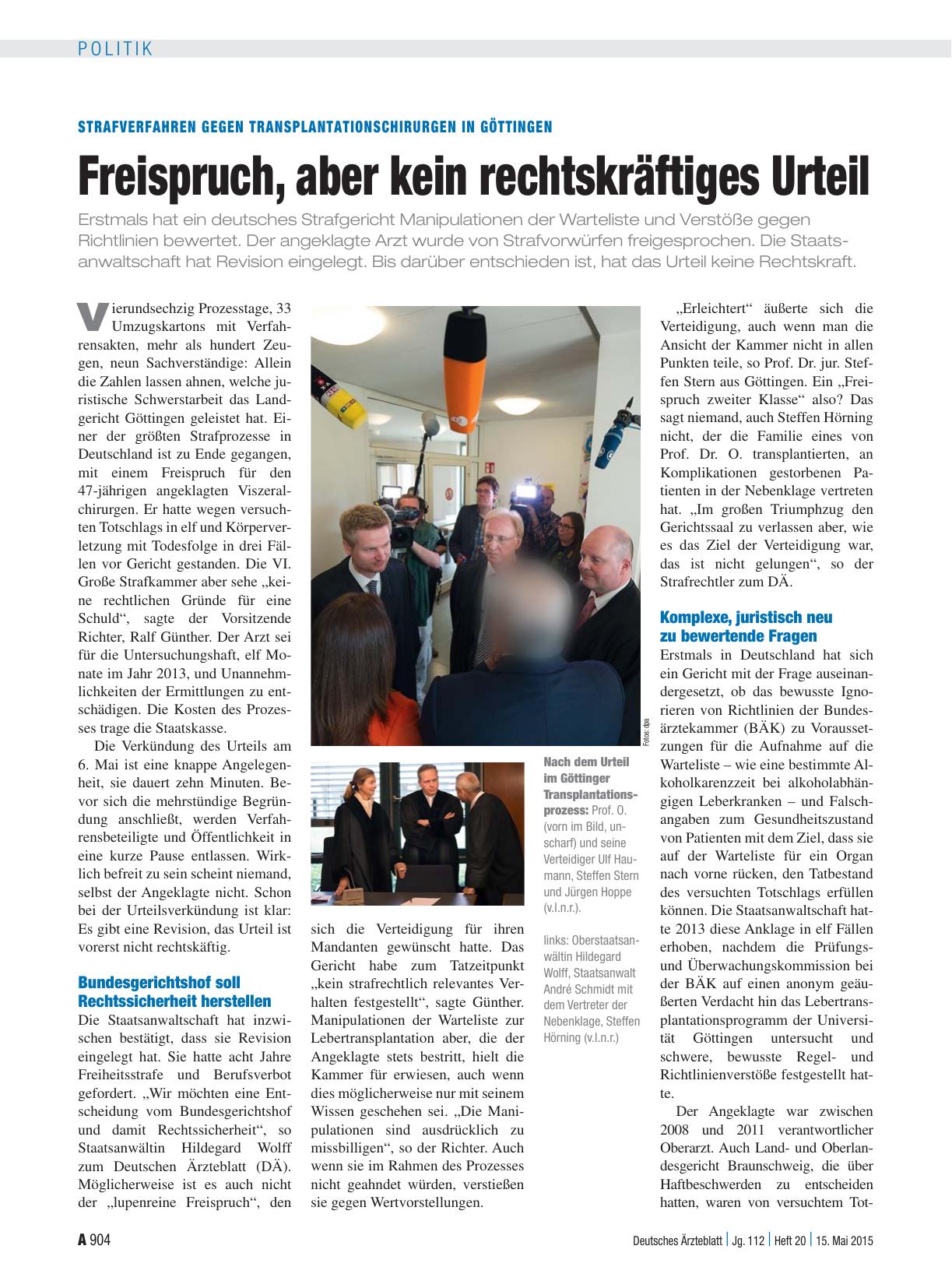 Vorschauseite 1: Strafverfahren gegen Transplantationschirurgen in Göttingen: Freispruch, aber kein rechtskräftiges Urteil
