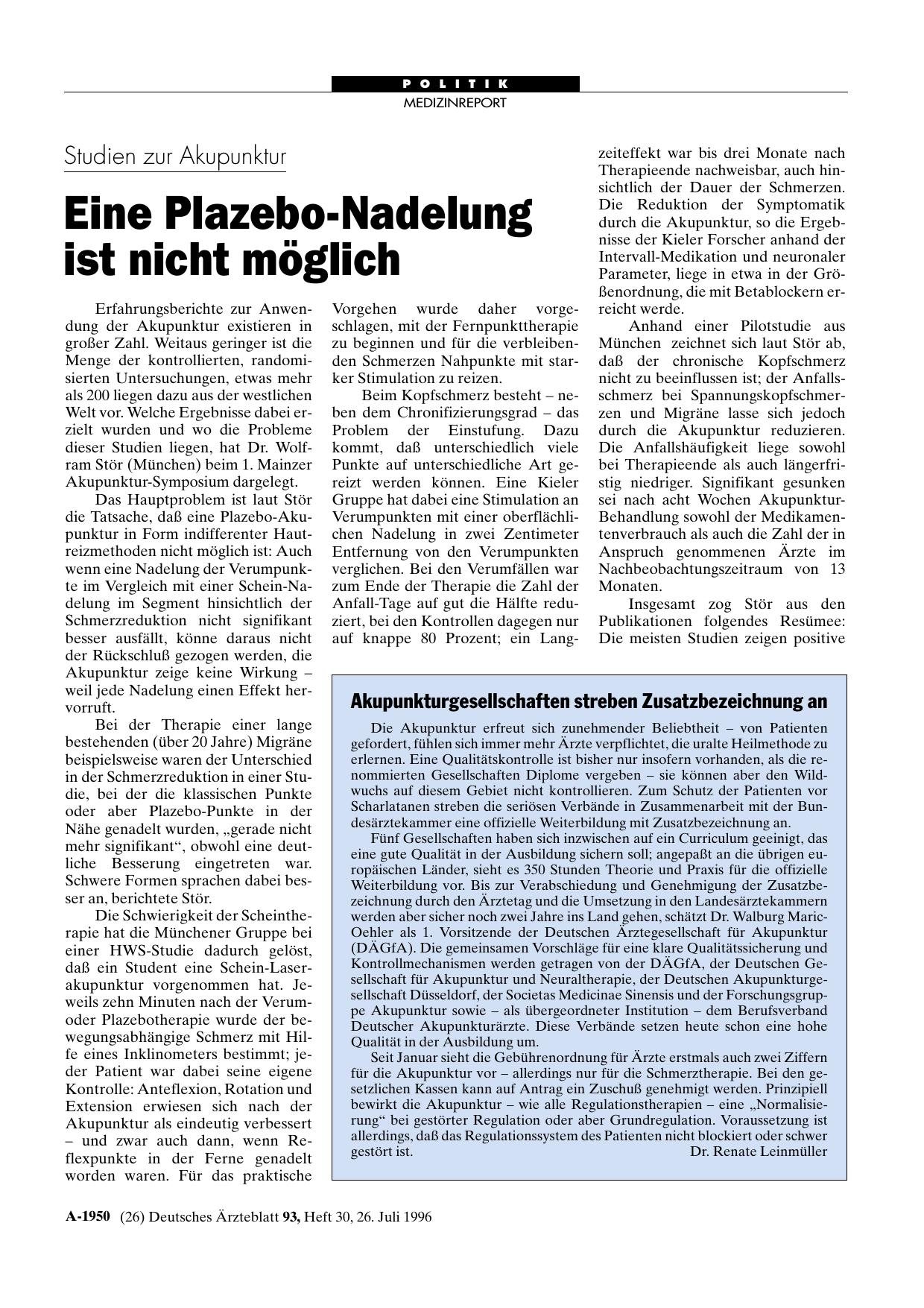 Vorschauseite 1: Akupunkturgesellschaften streben Zusatzbezeichnung an