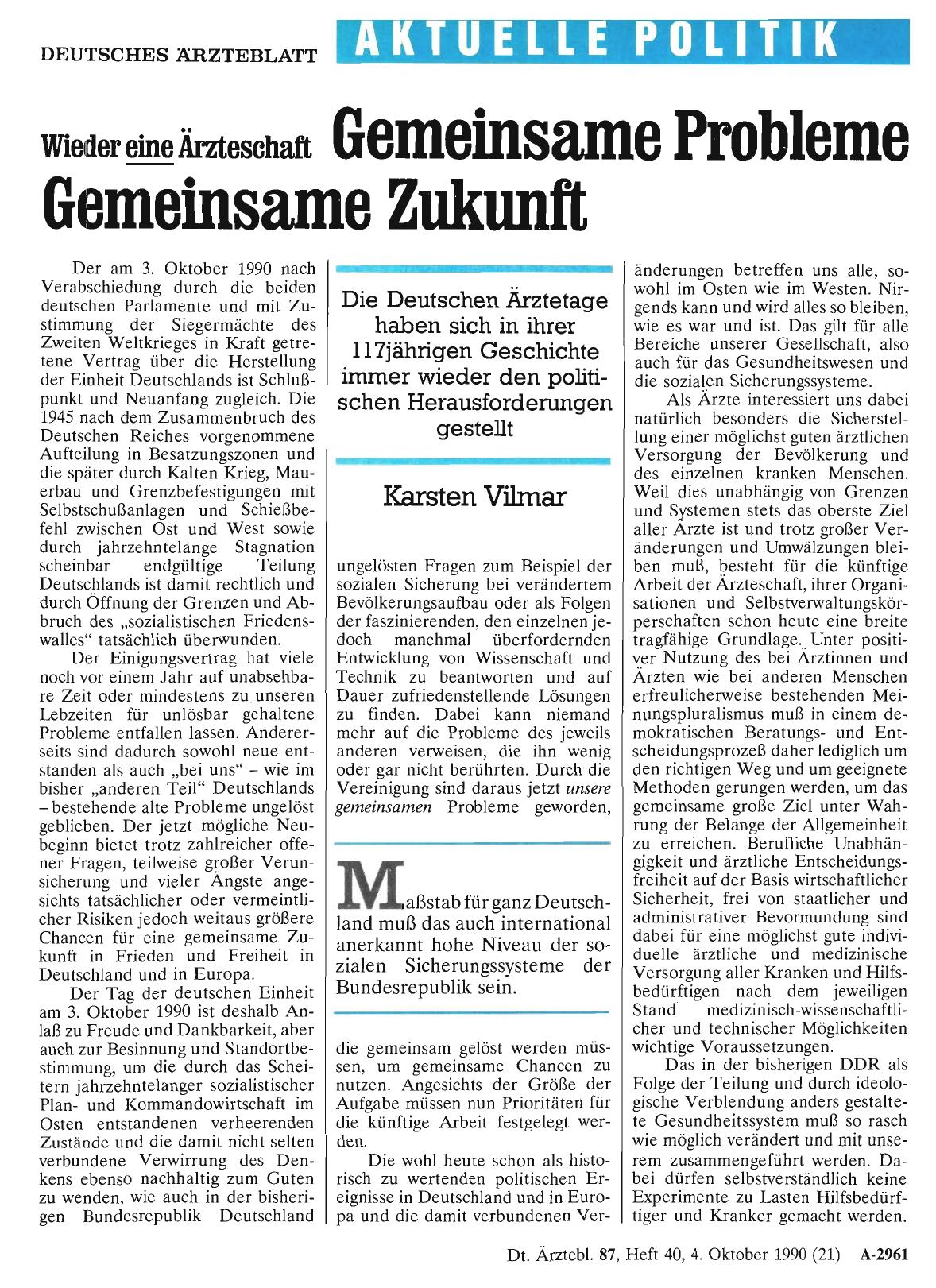 Vorschauseite 1: Wieder eine Ärzteschaft: Gemeinsame Probleme – Gemeinsame Zukunft
