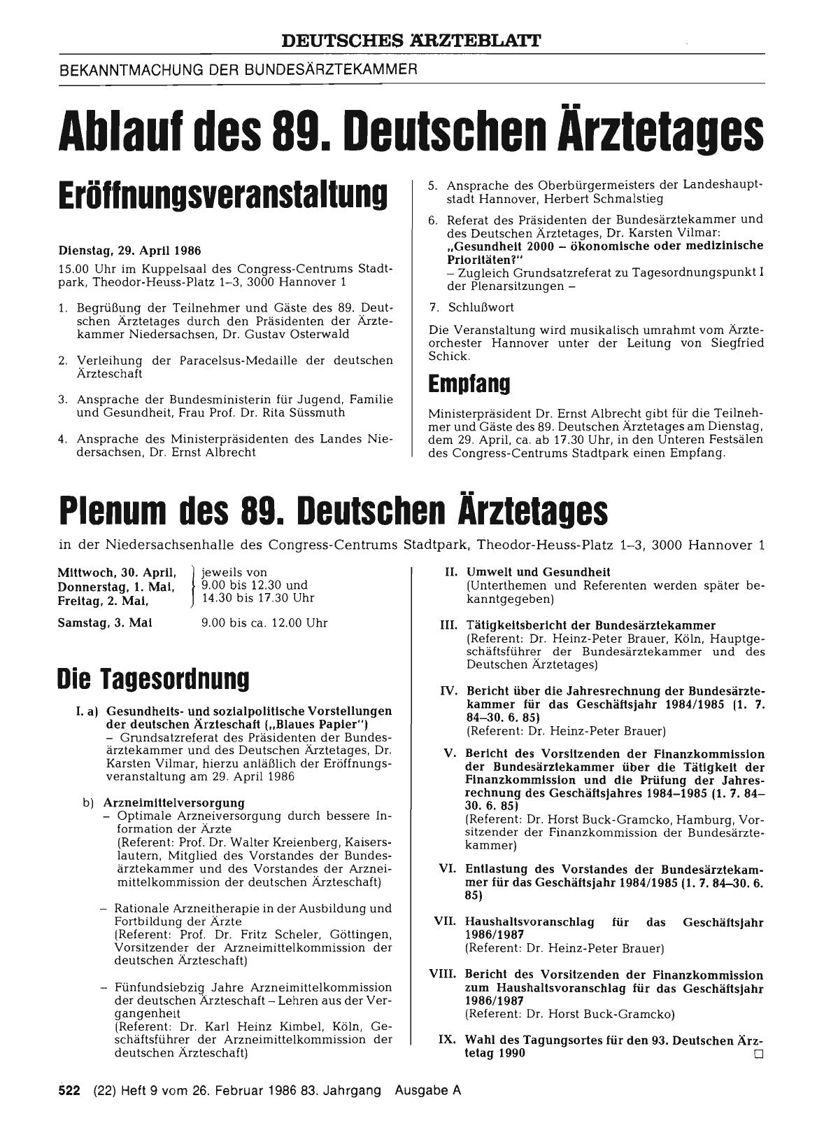 Vorschauseite 1: Ablauf des 89. Deutschen Ärztetages