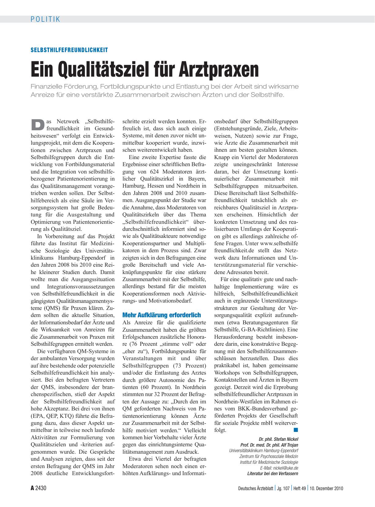 Vorschauseite 1: Selbsthilfefreundlichkeit: Ein Qualitätsziel für Arztpraxen