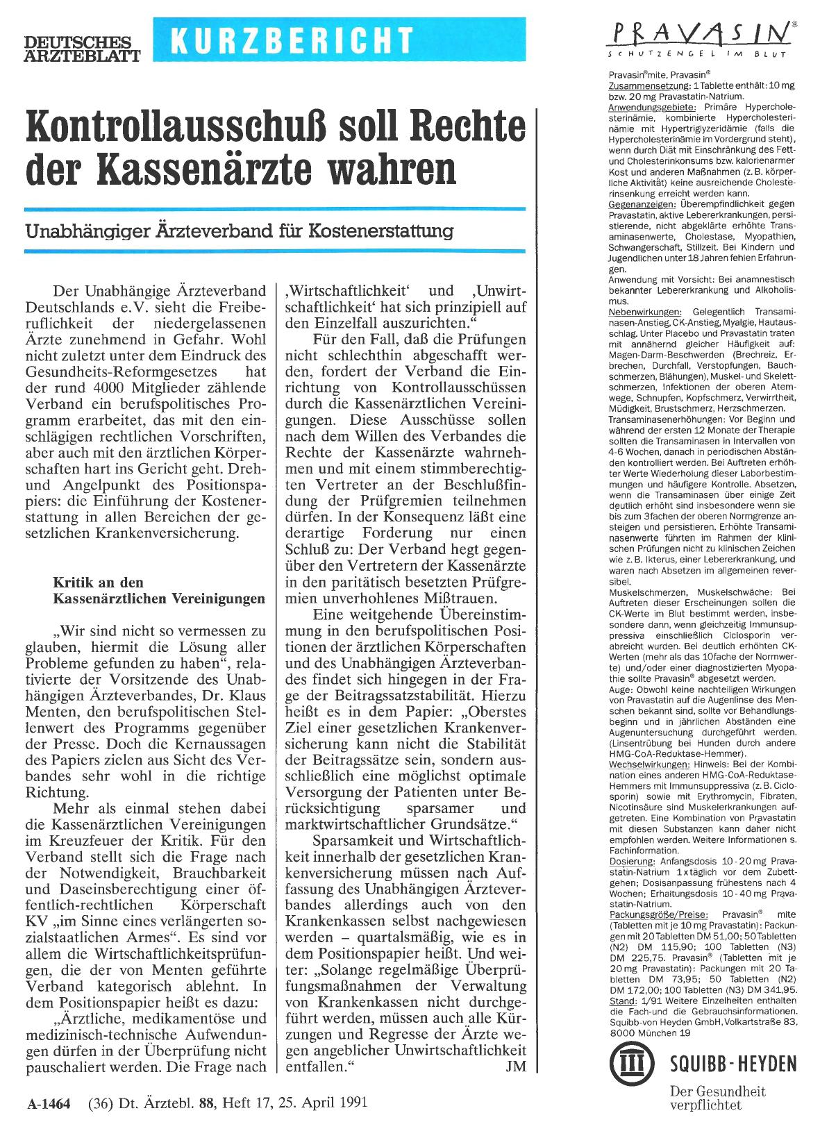 Vorschauseite 1: Kontrollausschuß soll Rechte der Kassenärzte wahren: Unabhängiger Ärzteverband für Kostenerstattung