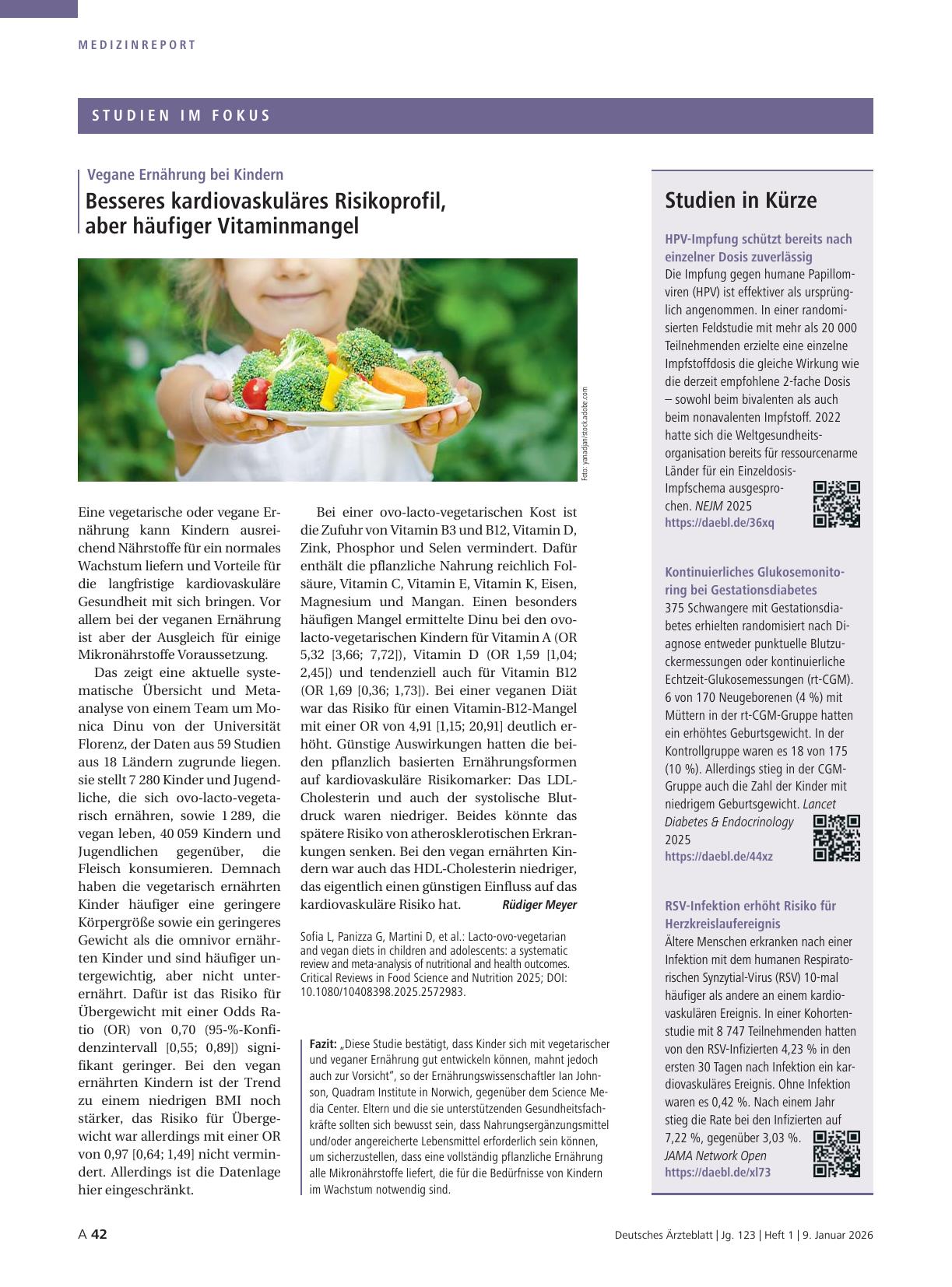 Vorschauseite 1: Vegane Ernährung bei Kindern: Besseres kardiovaskuläres Risikoprofil, aber häufiger Vitaminmangel