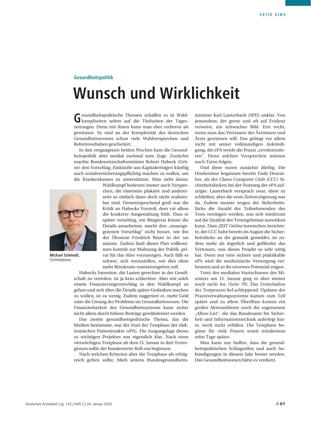 Vorschauseite 1: Gesundheitspolitik: Wunsch und Wirklichkeit