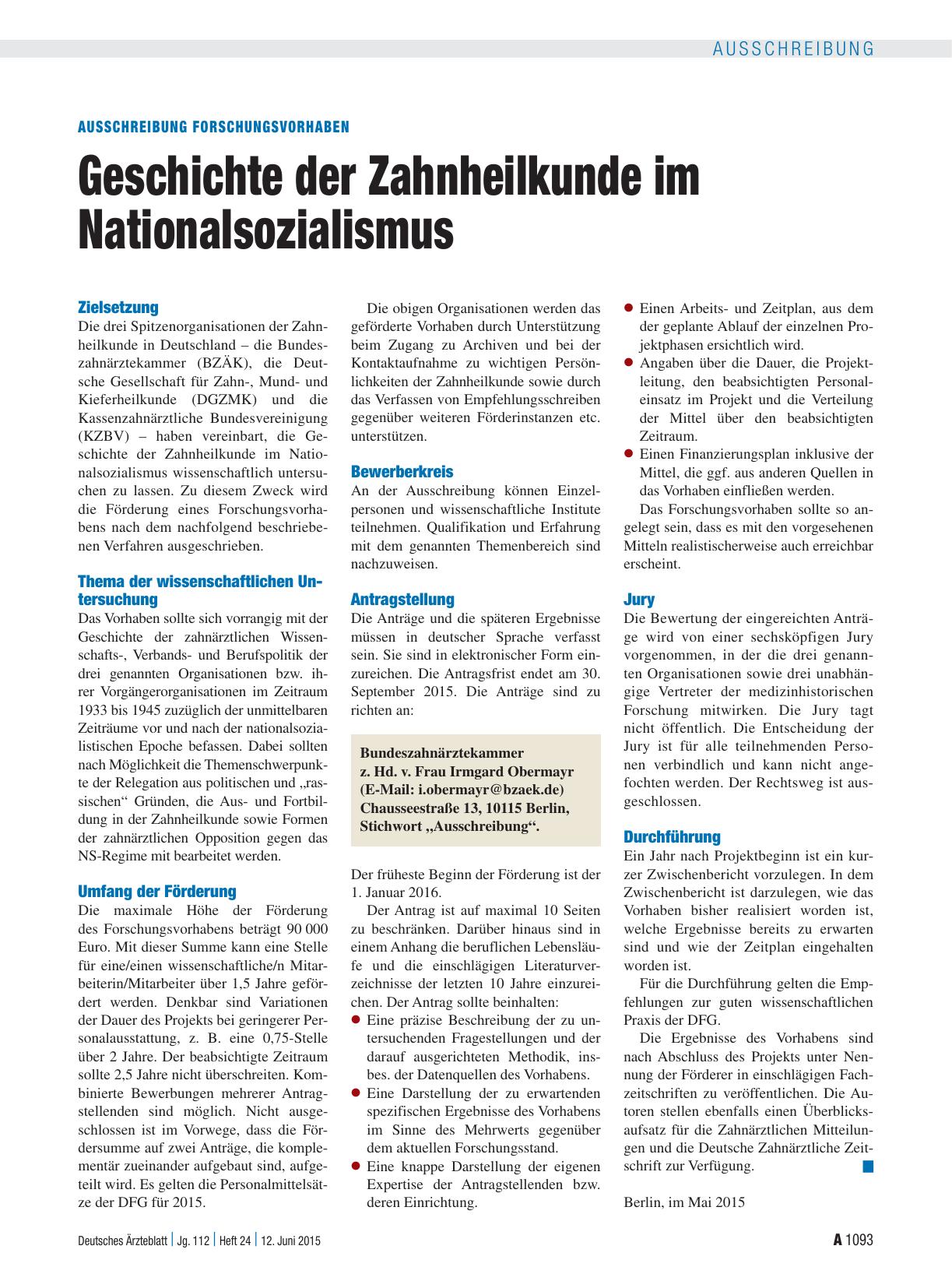 Vorschauseite 1: Ausschreibung Forschungsvorhaben: Geschichte der Zahnheilkunde im Nationalsozialismus