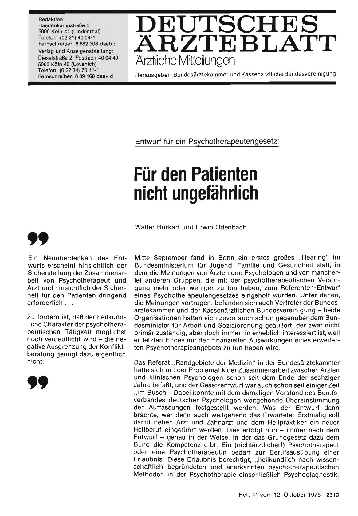 Vorschauseite 1: Entwurf für ein Psychotherapeutengesetz: Für den Patienten nicht ungefährlich