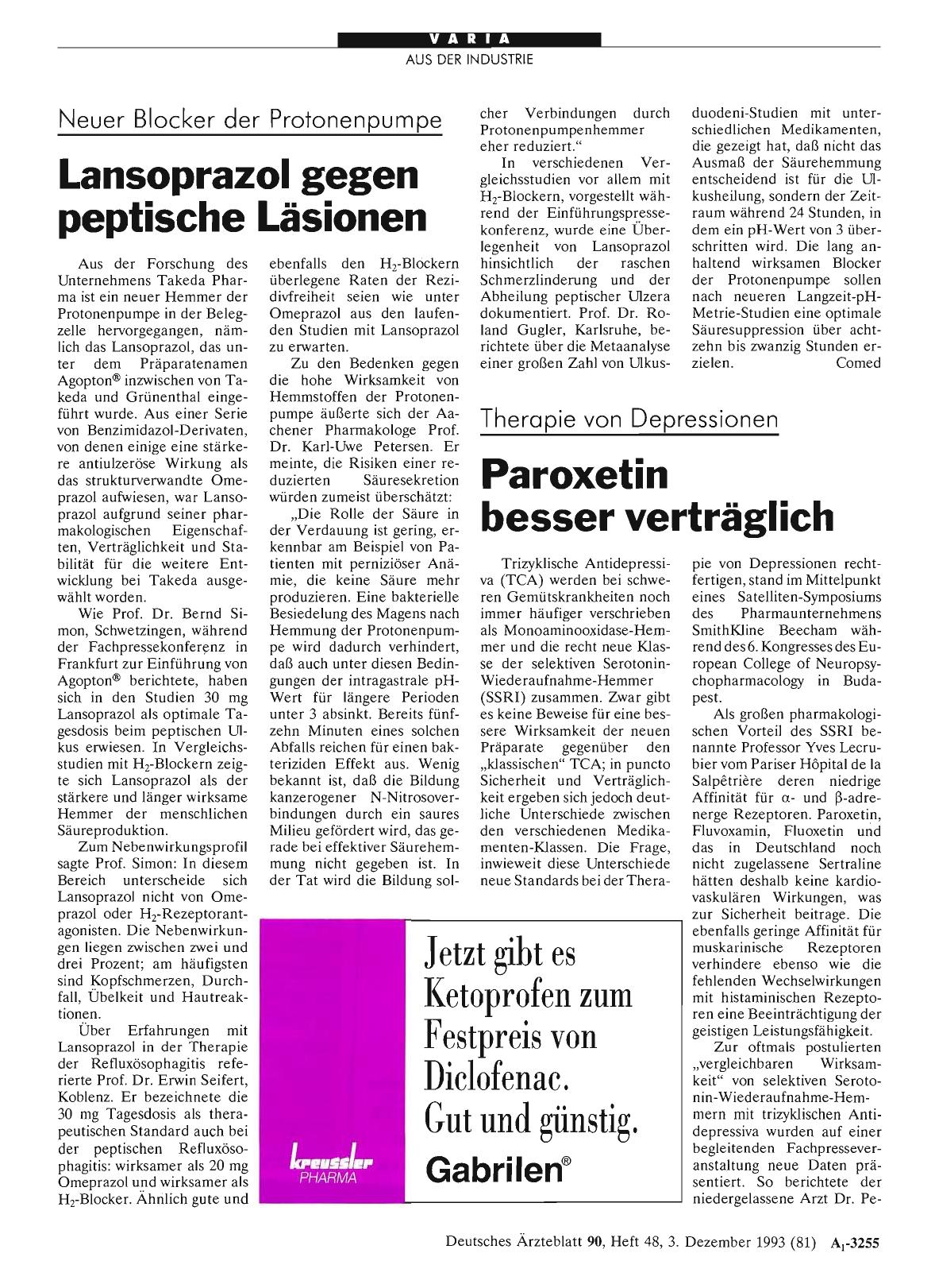 Vorschauseite 1: Neuer Blocker der Protonenpumpe: Lansoprazol gegen peptische Läsionen