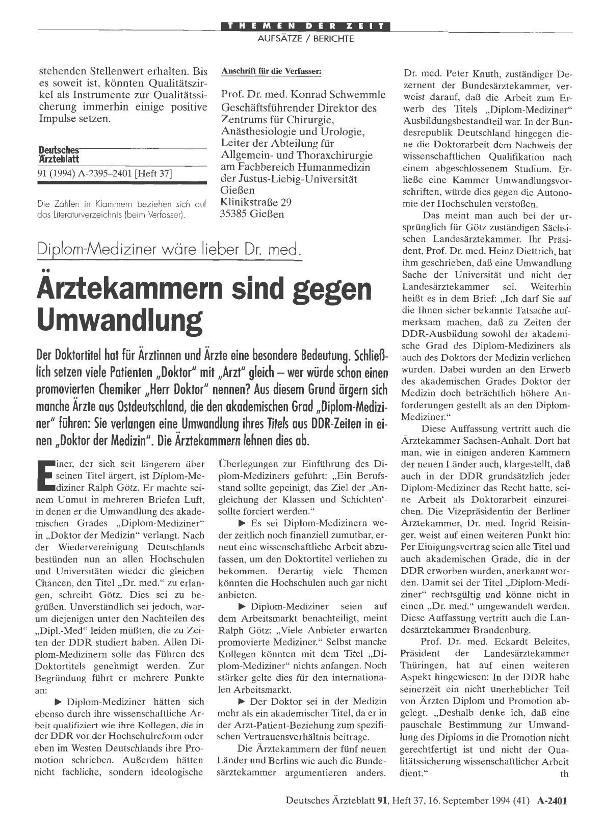 Vorschauseite 1: Diplom-Mediziner wäre lieber Dr. med. : Ärztekammern sind gegen Umwandlung