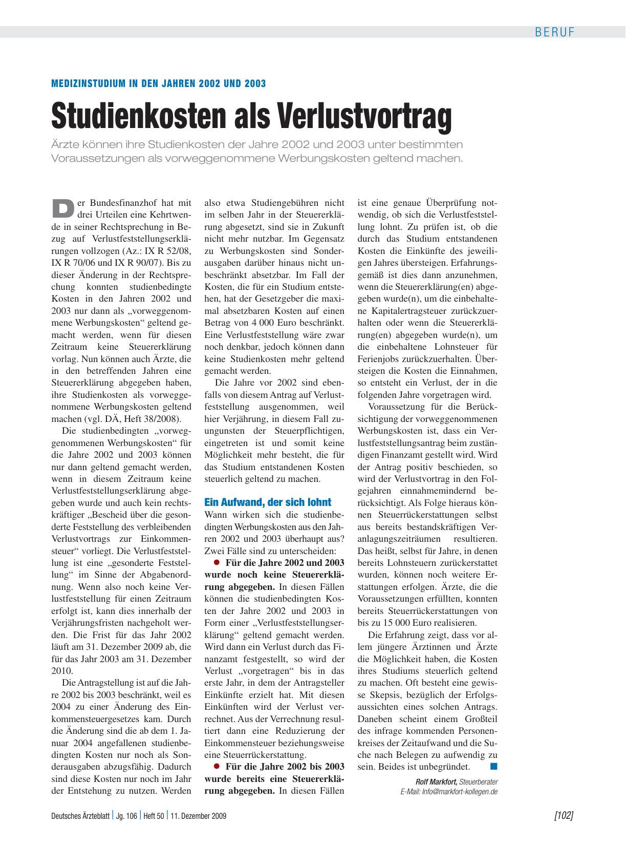 Vorschauseite 1: Medizinstudium in den Jahren 2002 und 2003: Studienkosten als Verlustvortrag