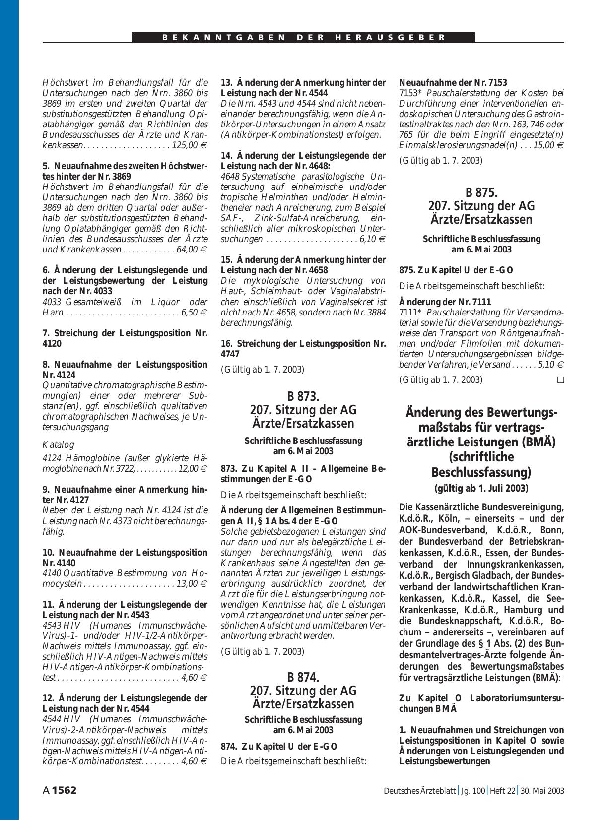 Vorschauseite 1: Änderung des Bewertungsmaßstabs für vertragsärztliche Leistungen (BMÄ) (schriftliche Beschlussfassung) (gültig ab 1. Juli 2003)