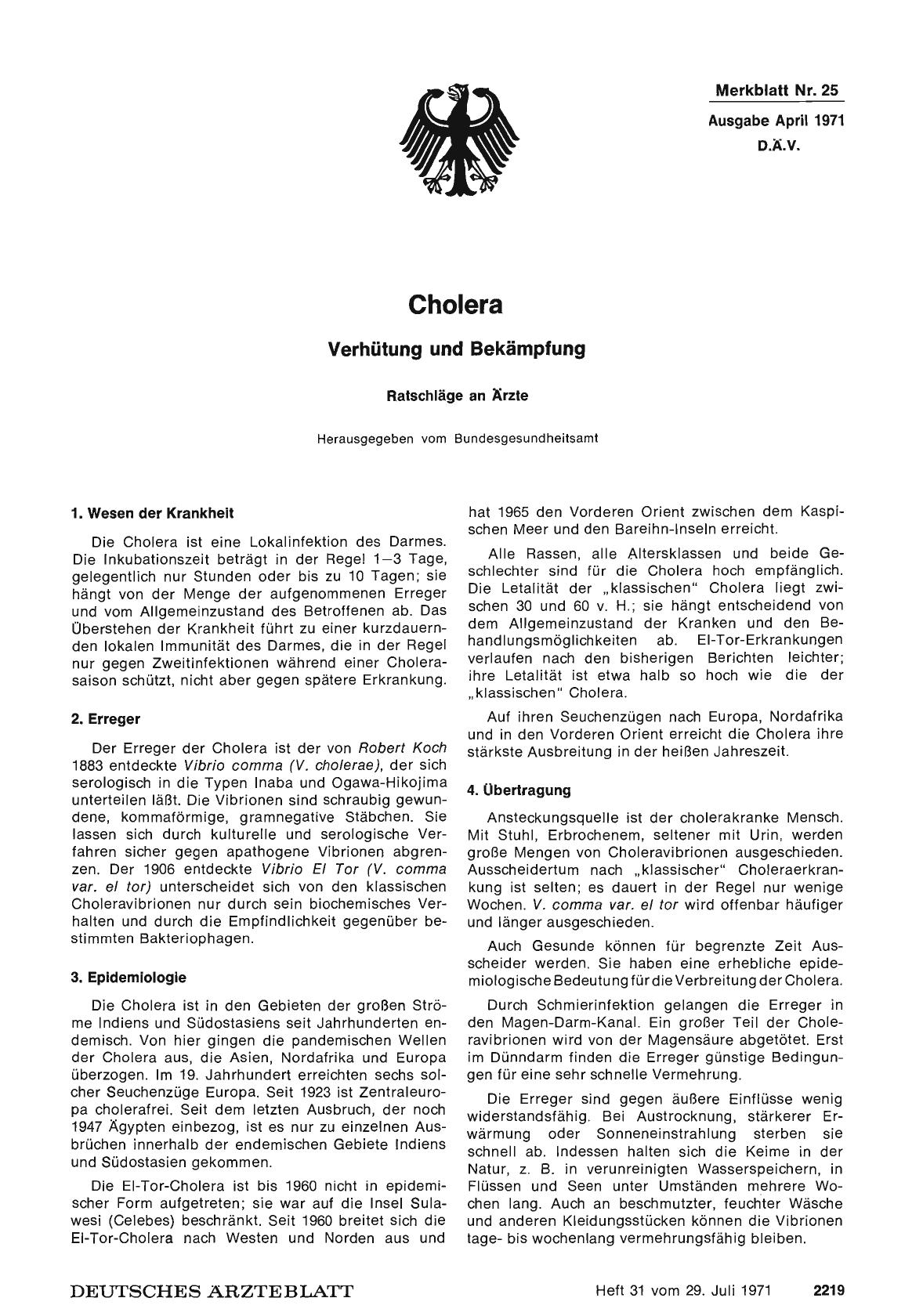 Vorschauseite 1: Cholera: Verhütung und Bekämpfung (Merkblatt Nr. 25 )