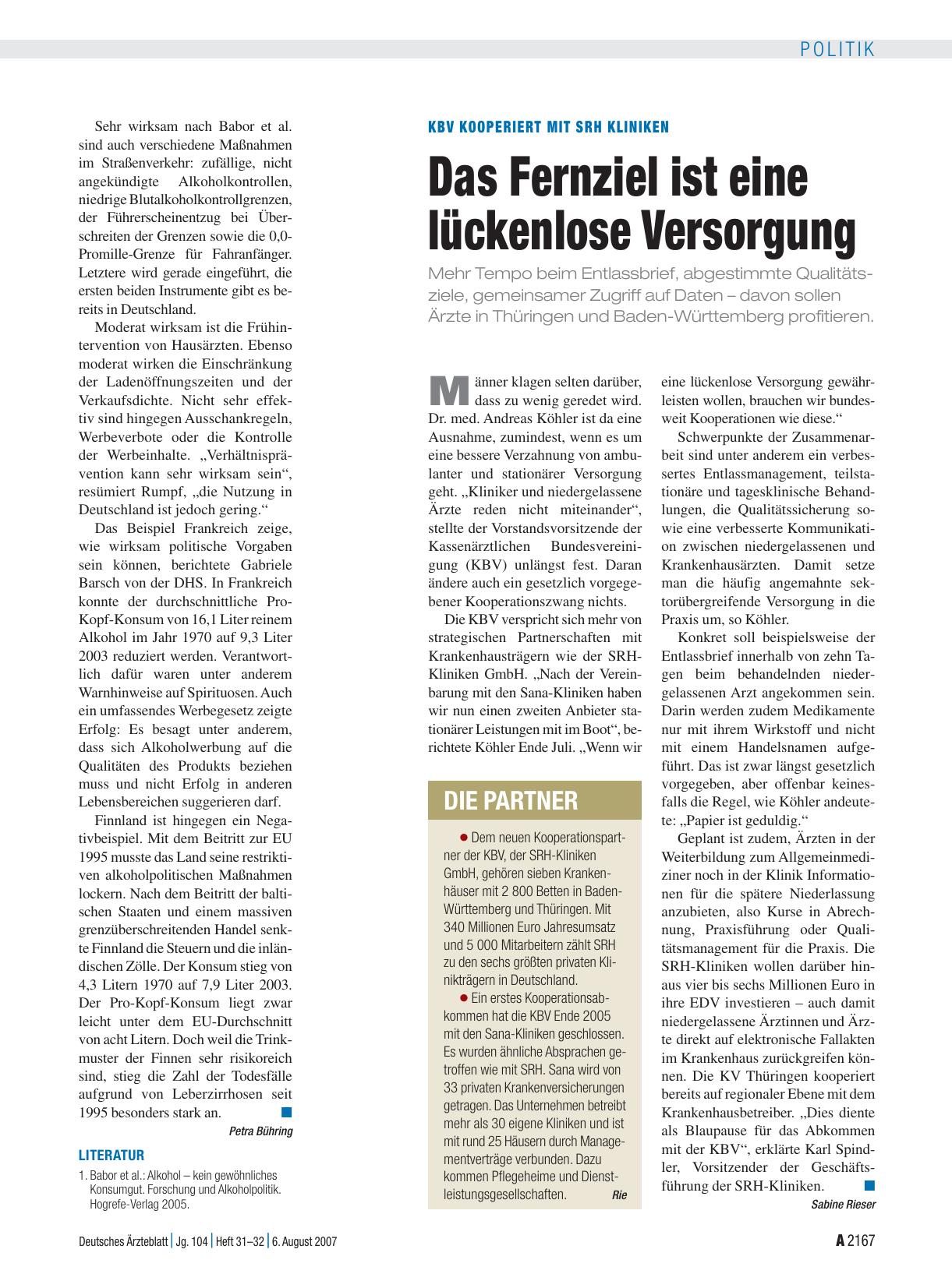 Vorschauseite 1: KBV kooperiert mit Srh Kliniken: Das Fernziel ist eine lückenlose Versorgung