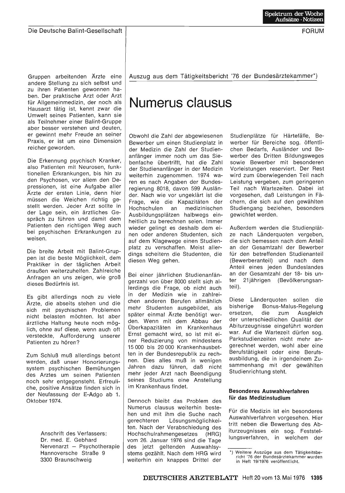 Vorschauseite 1: Auszug aus dem Tätigkeitsbericht '76 der Bundesärztekammer: Numerus clausus