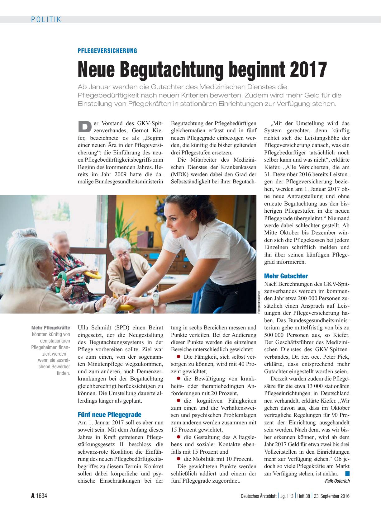 Vorschauseite 1: Pflegeversicherung: Neue Begutachtung beginnt 2017