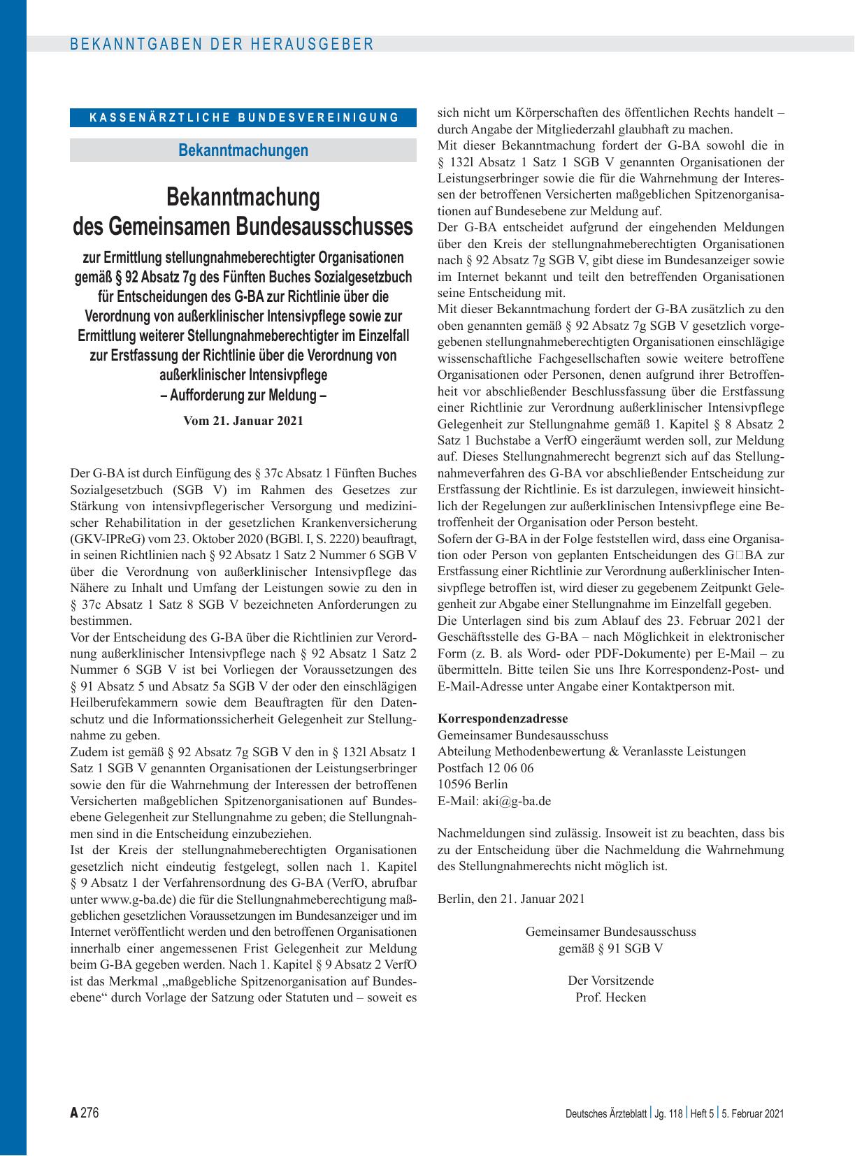 Vorschauseite 1: Bekanntmachung des Gemeinsamen Bundesausschusses zur Ermittlung stellungnahmeberechtigter Organisationen gemäß § 92 Absatz 7g des Fünften Buches Sozialgesetzbuch für Entscheidunge…