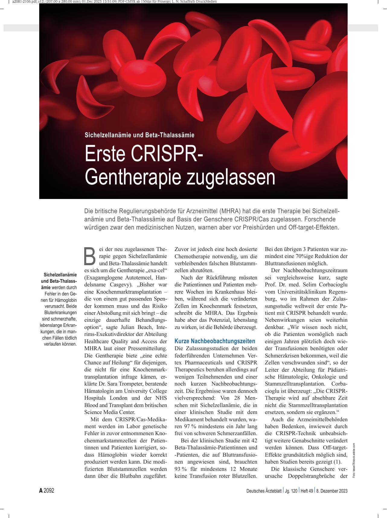 Vorschauseite 1: Sichelzellenanämie und Beta-Thalassämie: Erste CRISPR-Gentherapie zugelassen