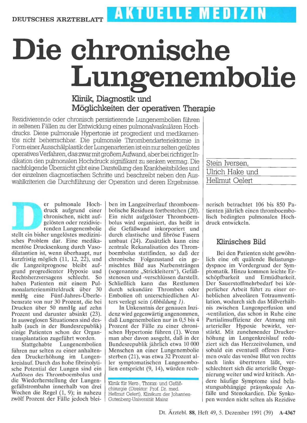 Vorschauseite 1: Die chronische Lungenembolie: Klinik, Diagnostik und Möglichkeiten der operativen Therapie