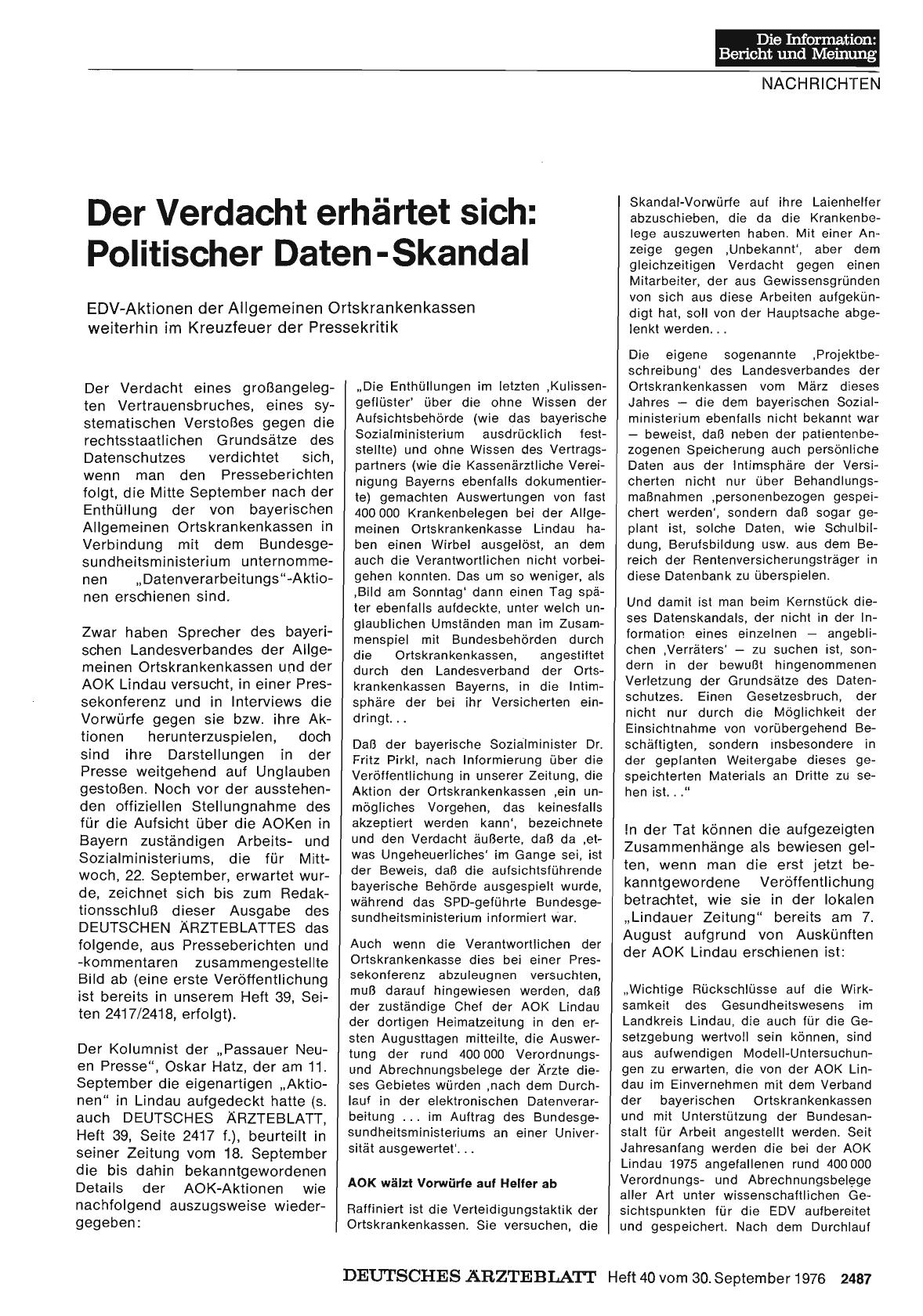 Vorschauseite 1: Der Verdacht erhärtet sich: Politischer Daten - Skandal: EDV-Aktionen der Allgemeinen Ortskrankenkassen weiterhin im Kreuzfeuer der Pressekritik
