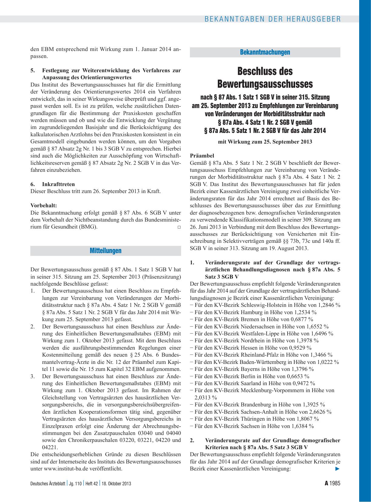 Vorschauseite 1: Beschluss des Bewertungsausschusses nach § 87 Abs. 1 Satz 1 SGB V in seiner 315. Sitzung am 25. September 2013 zu Empfehlungen zur Vereinbarung von Veränderungen der Morbiditätsst…