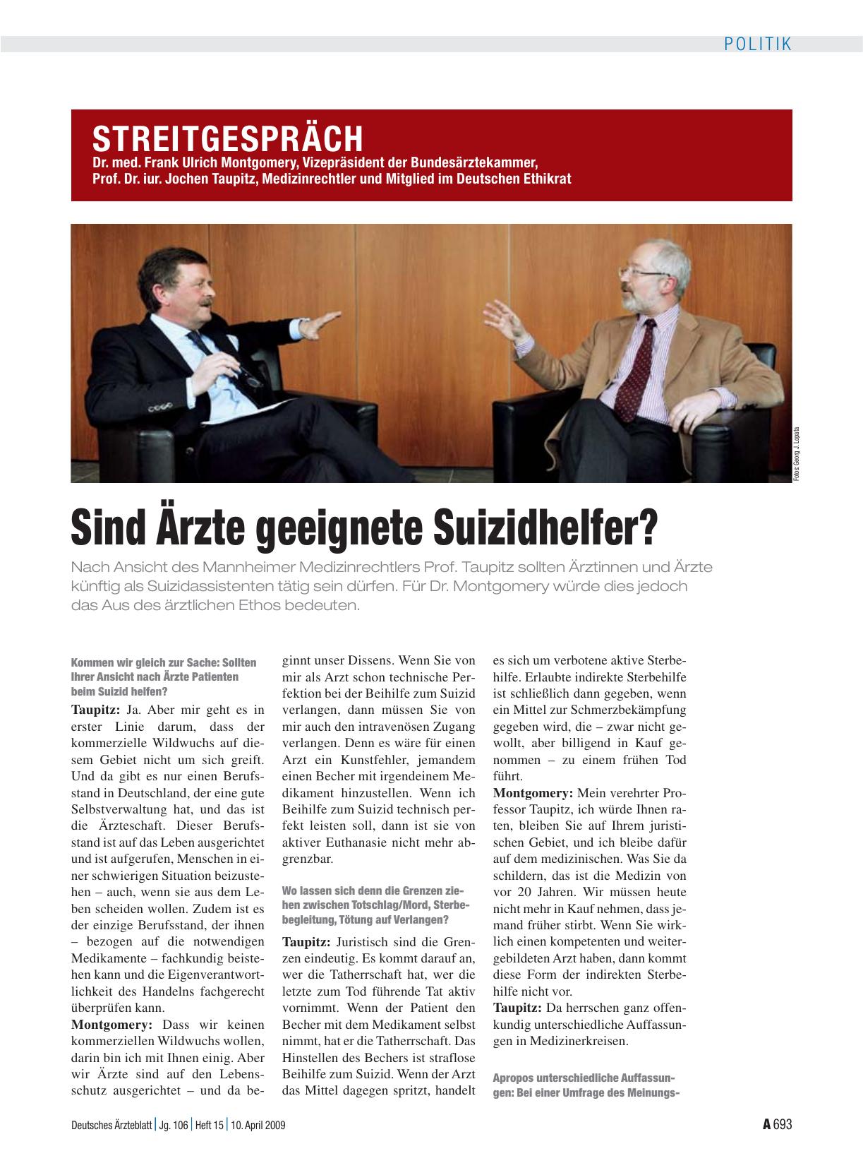 Vorschauseite 1: Streitgespräch: Sind Ärzte geeignete Suizidhelfer?